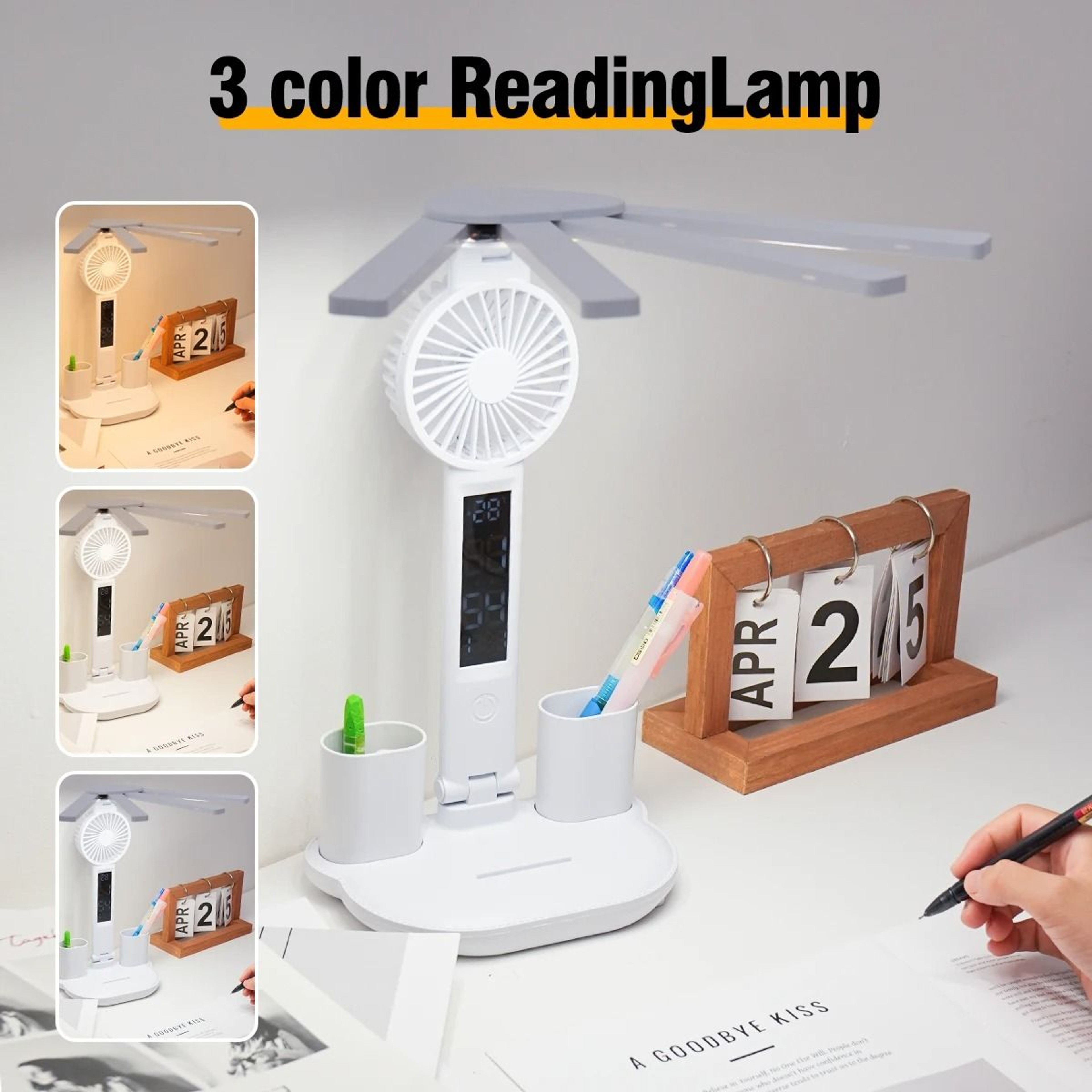 Multifunctional Four Head Desk Lamp With Fan Clock And Calendar Display 7