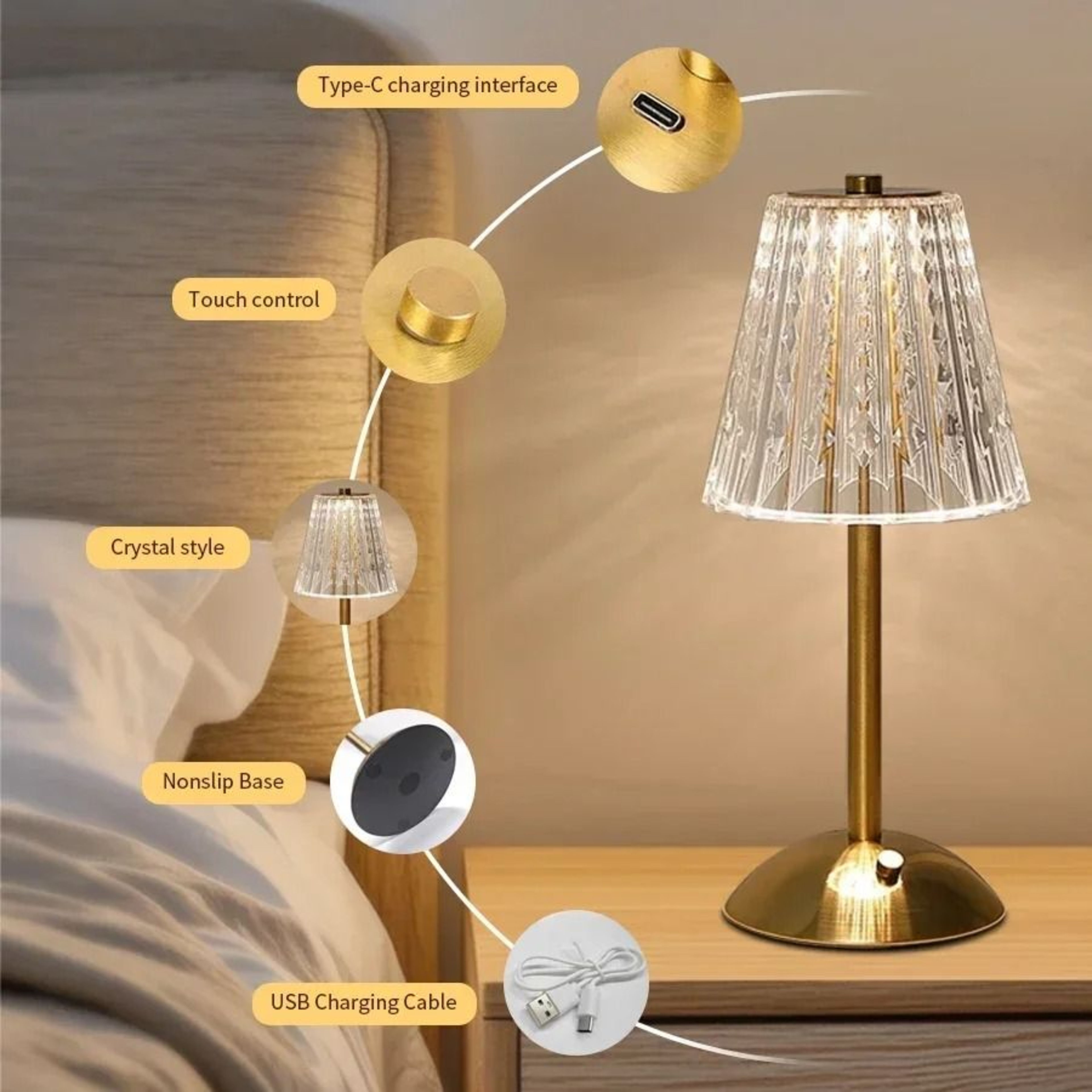Rechargeable Crystal Touch Table Lamp With Dimmable Cordless Ambient Bedside Lighting 9