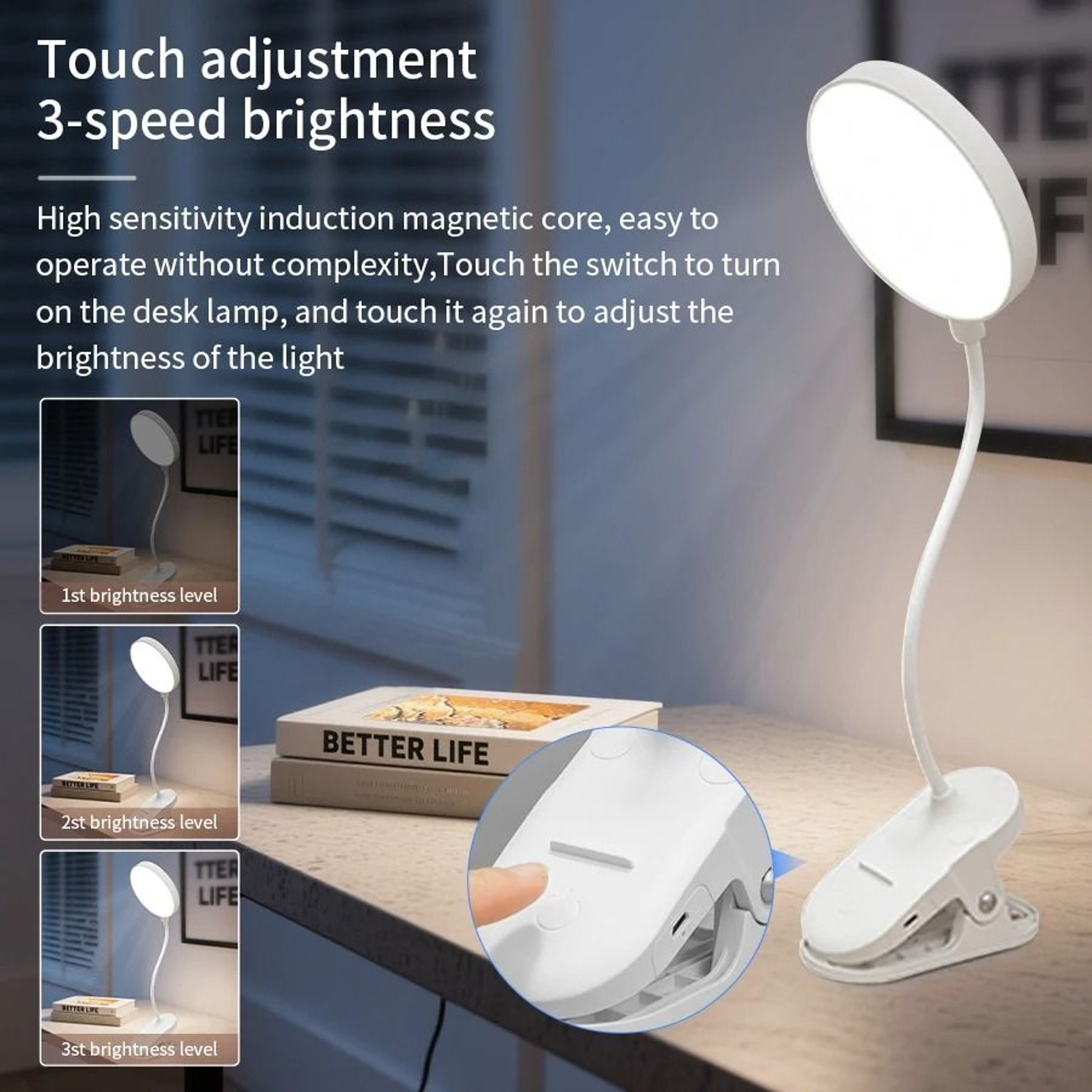 Rechargeable Folding Clamp Desk Lamp With Touch Dimming Eye Comfort Lighting 4