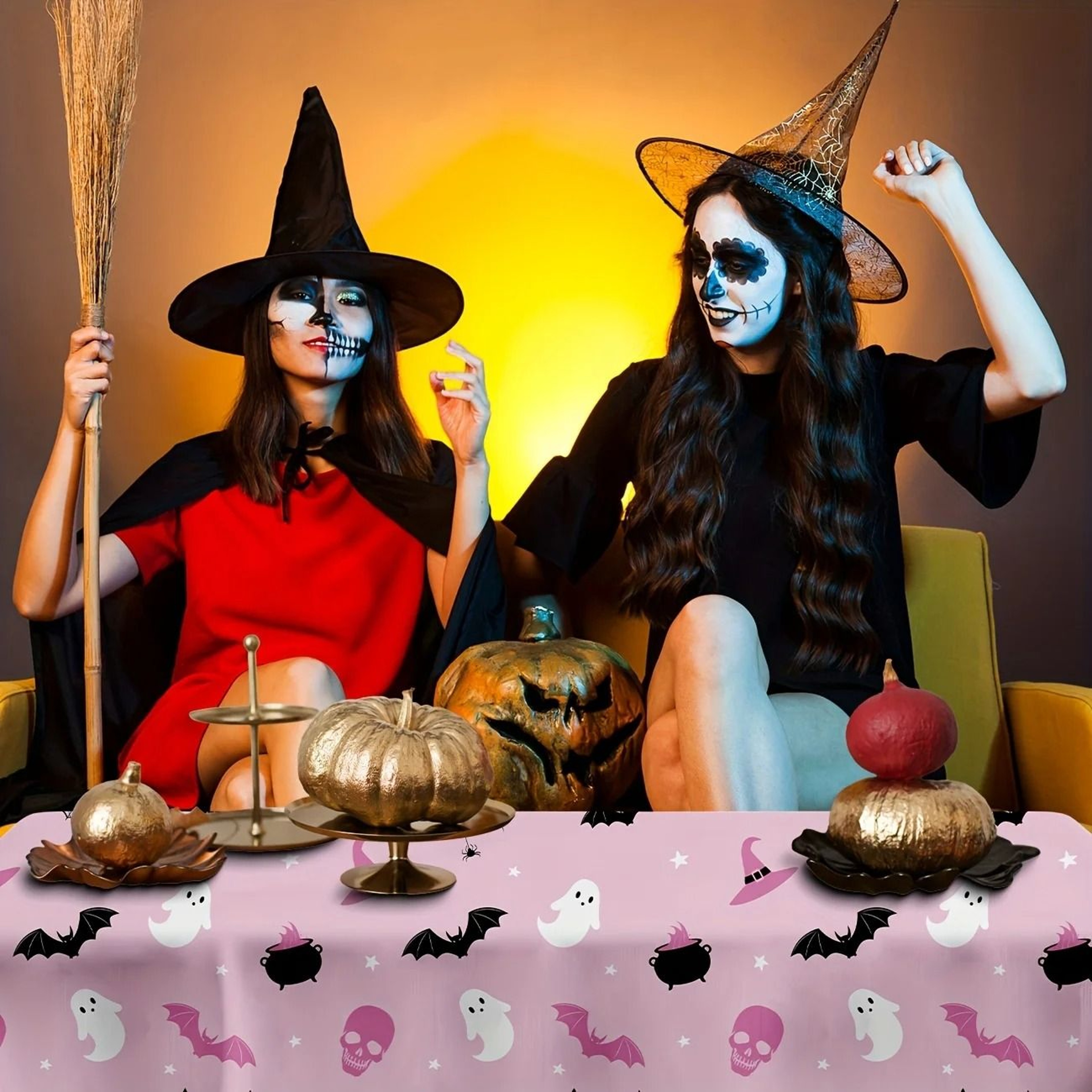 Three Pack Pink Halloween Tablecloths With Cute Ghost Pumpkin Party Designs 5