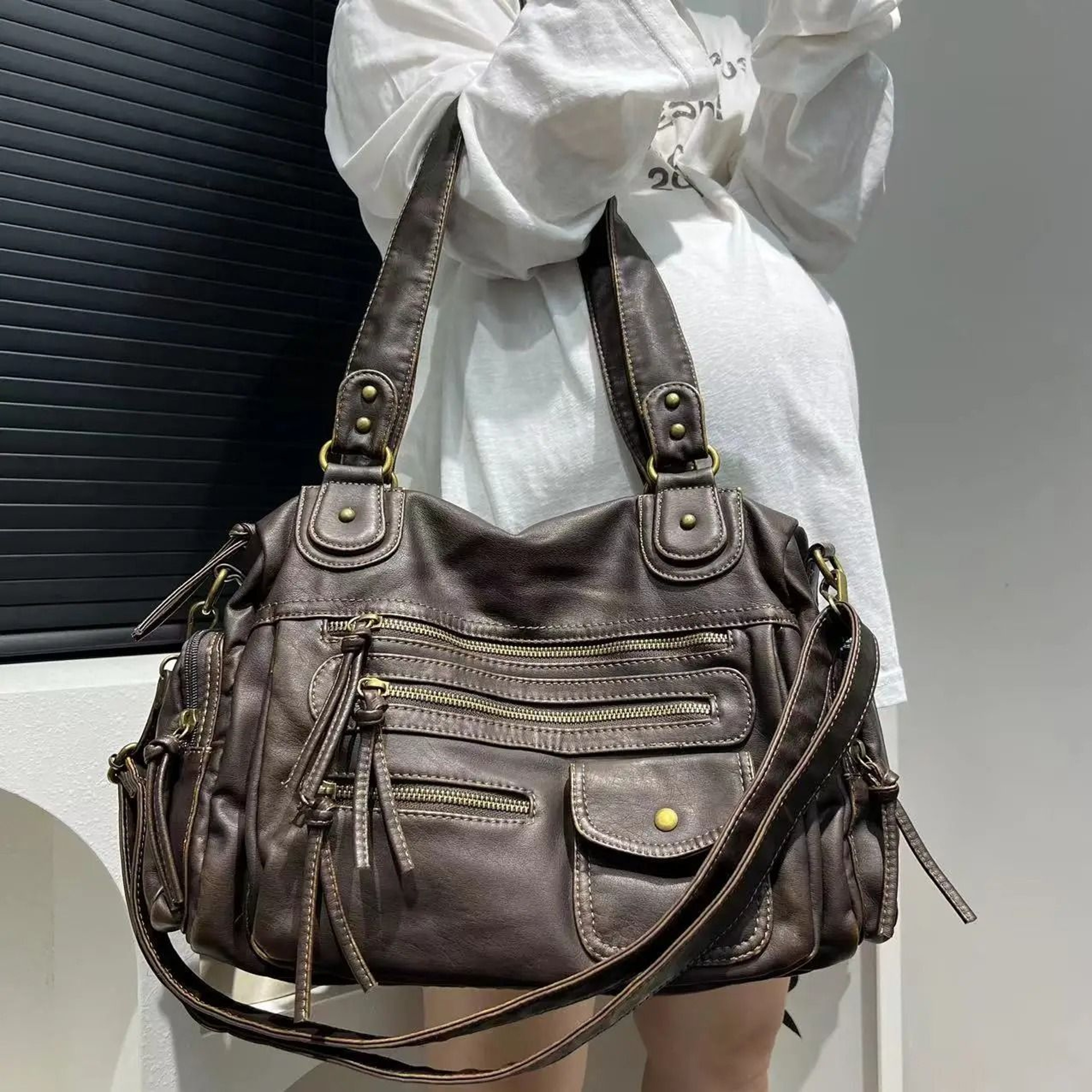 Vintage Y2K Motorcycle Shoulder Bag With Spacious Multi Pocket Crossbody Design 6