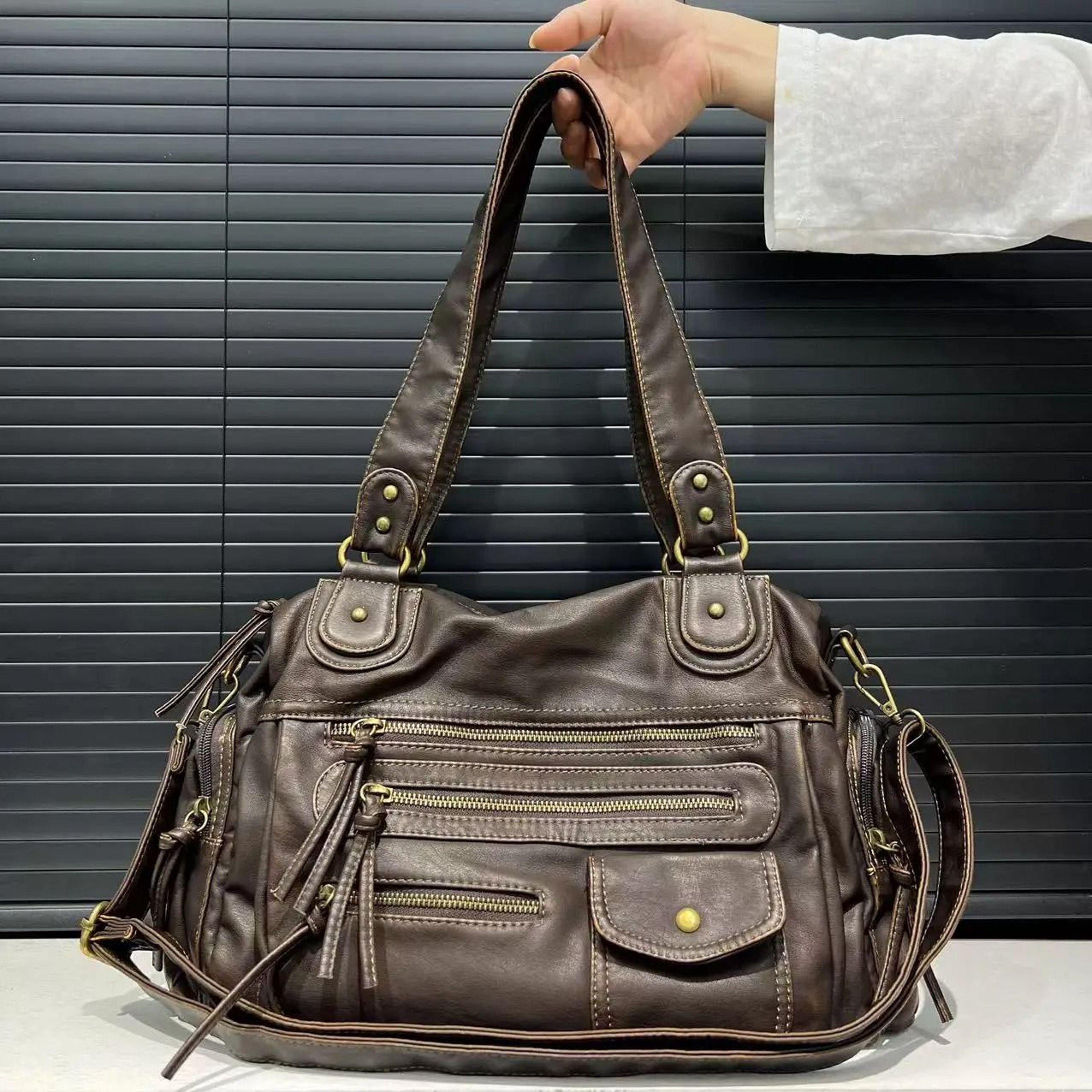 Vintage Y2K Motorcycle Shoulder Bag With Spacious Multi Pocket Crossbody Design 8