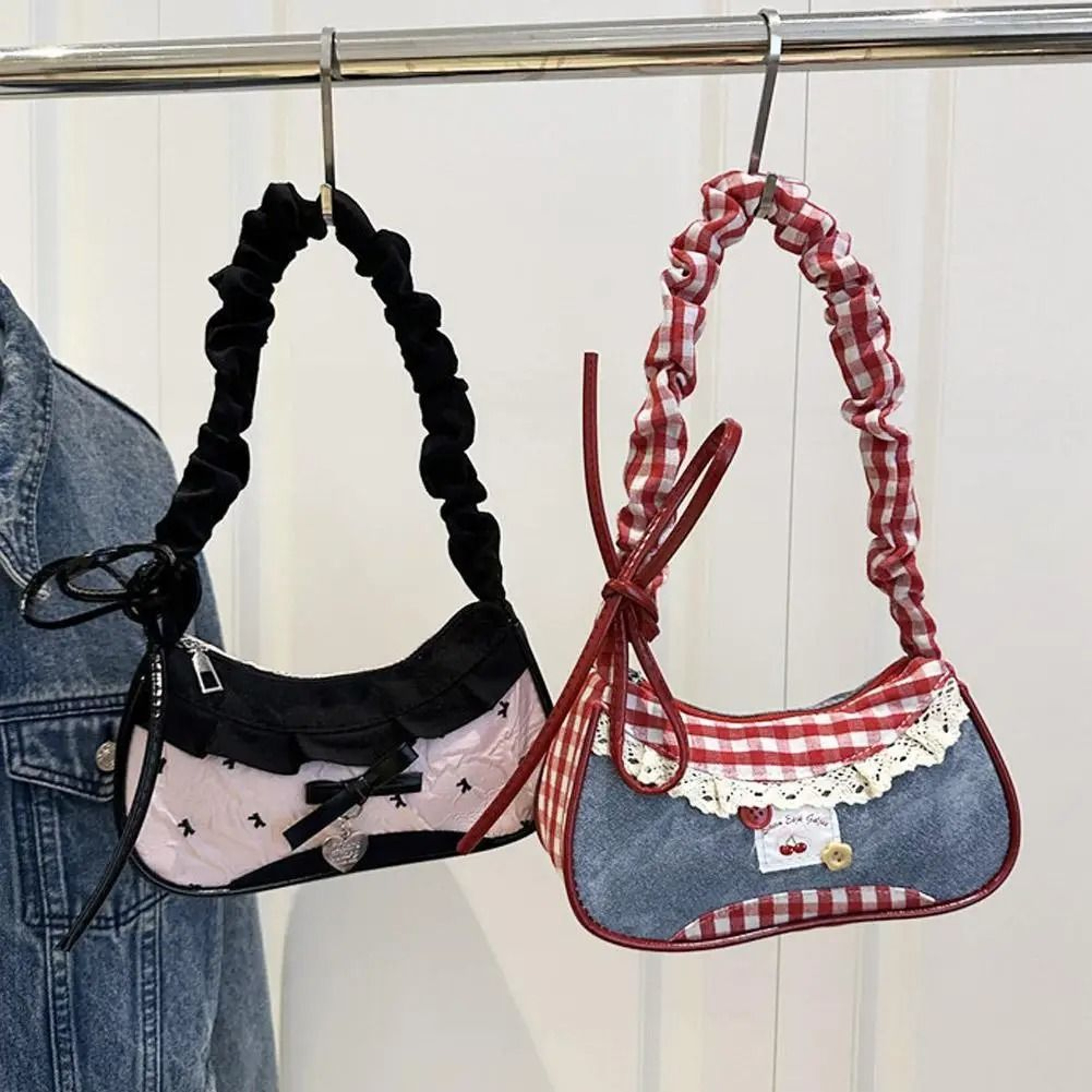 Plaid Lace Bow Shoulder Bag With Adjustable Strap For Daily Commuting 5