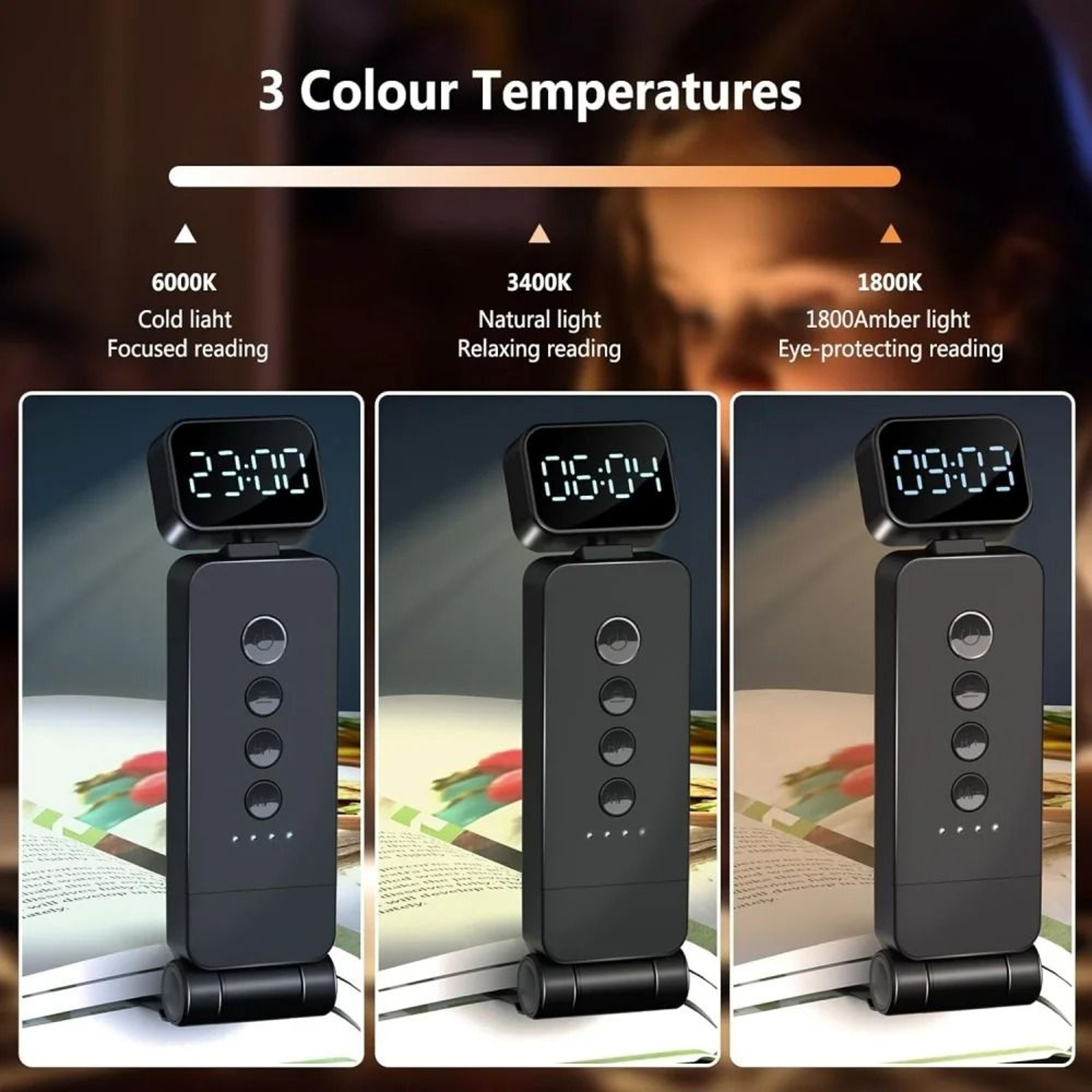 Rechargeable LED Book Light With Timer Three Color Reading Modes 3