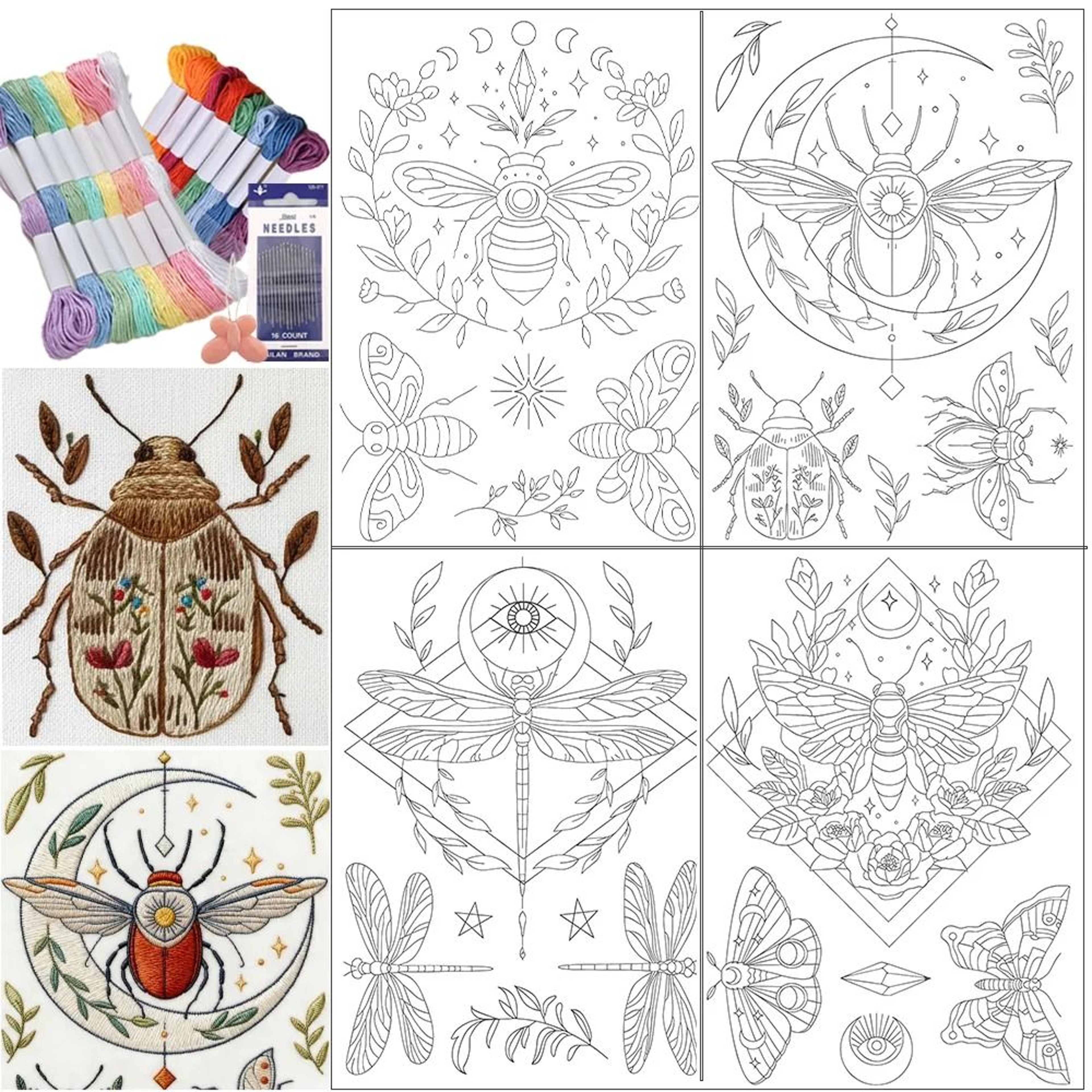 Insect Embroidery Kit With Water Soluble Patterns Metallic Threads And Needles 6