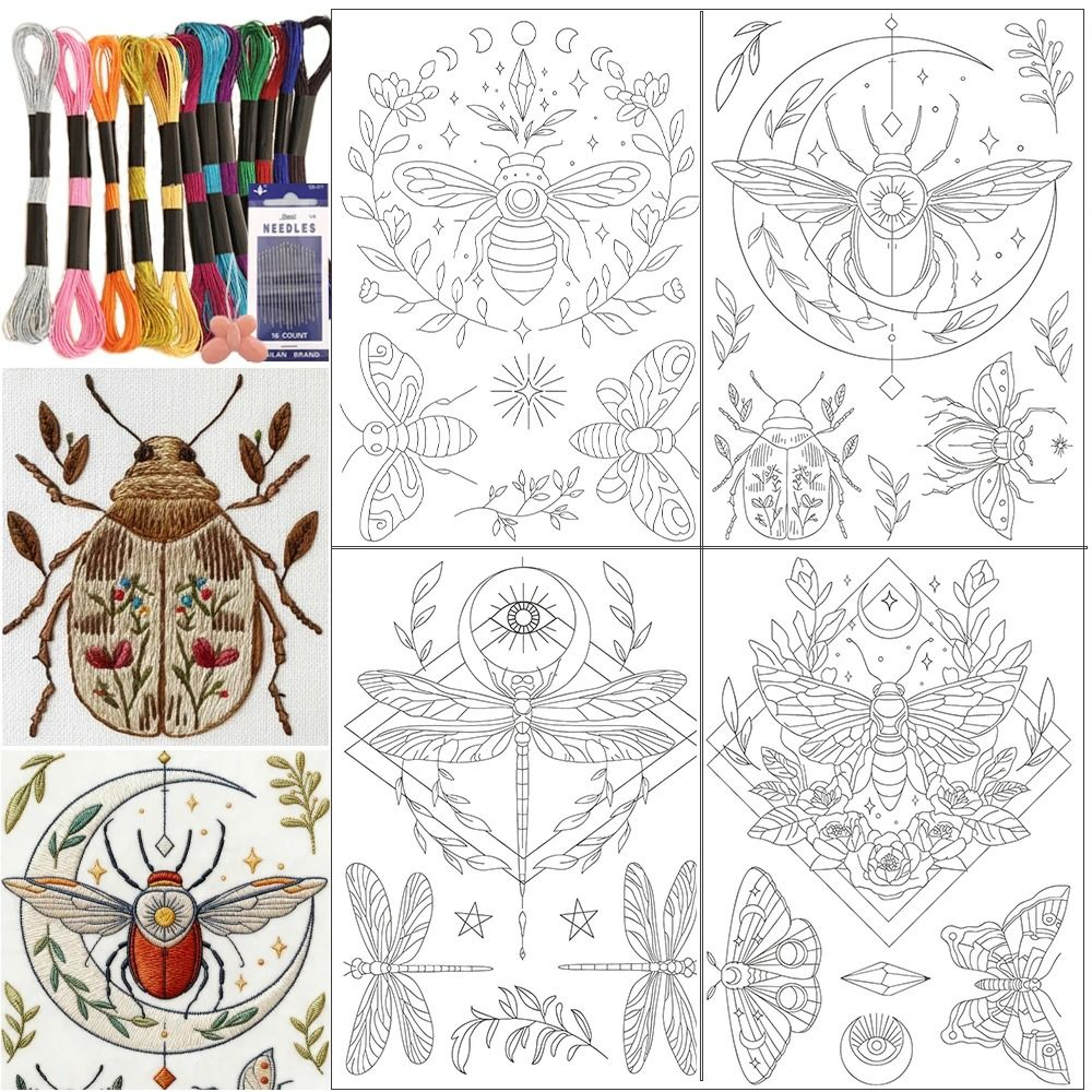 Insect Embroidery Kit With Water Soluble Patterns Metallic Threads And Needles 0