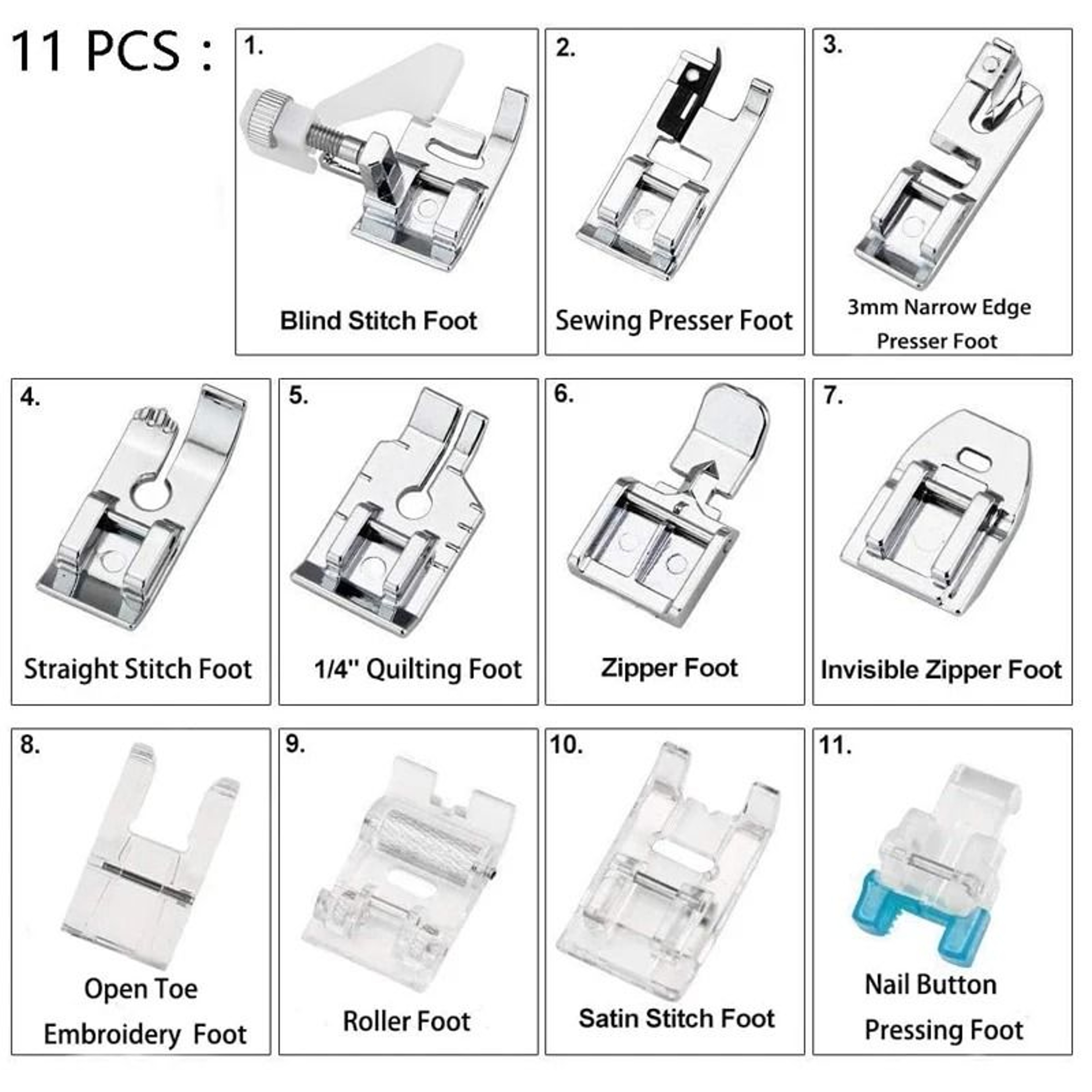 Versatile Eleven Piece Presser Foot Kit For Domestic Sewing Machine Projects 2