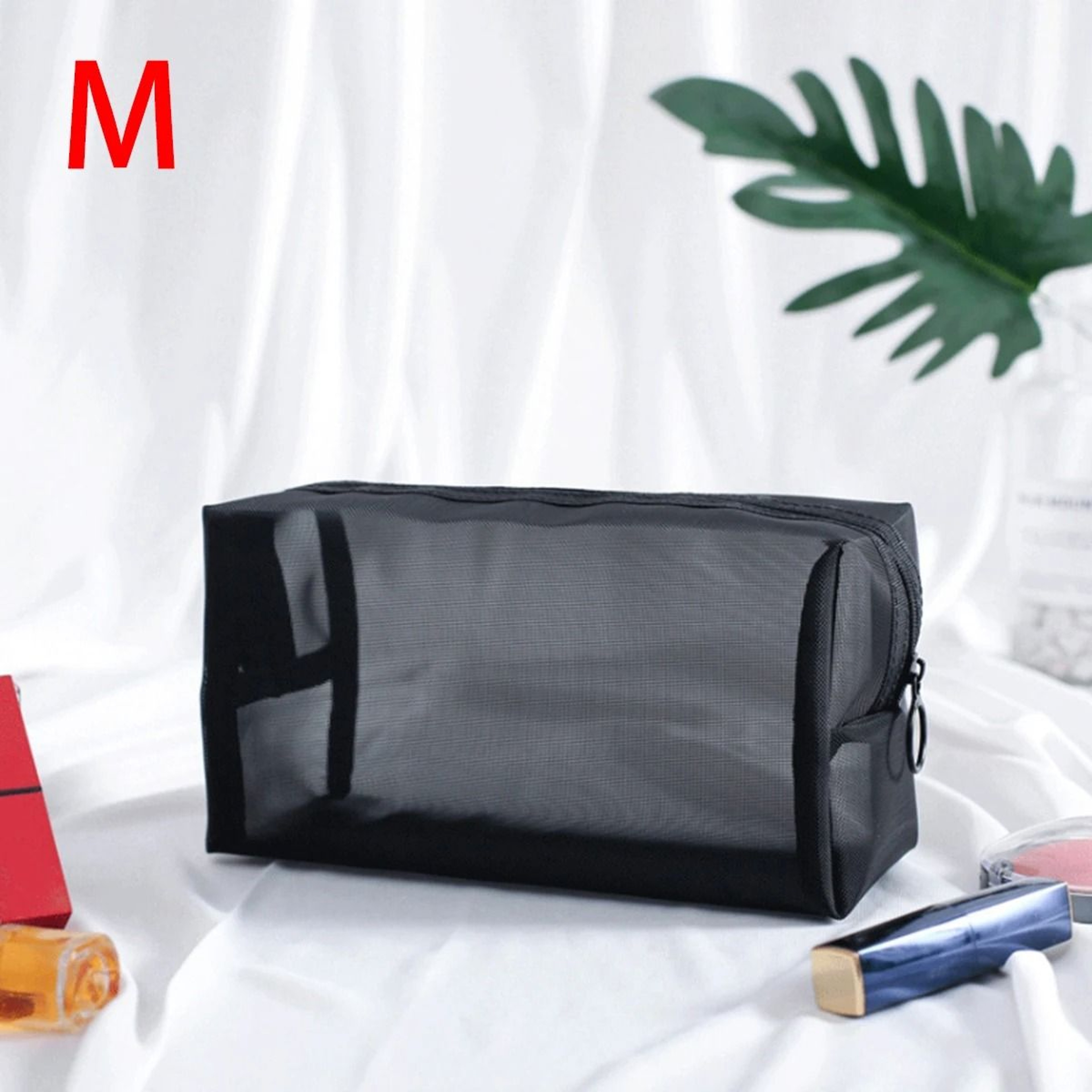 Black Mesh Travel Makeup Bag With Zippered Portable Storage 2