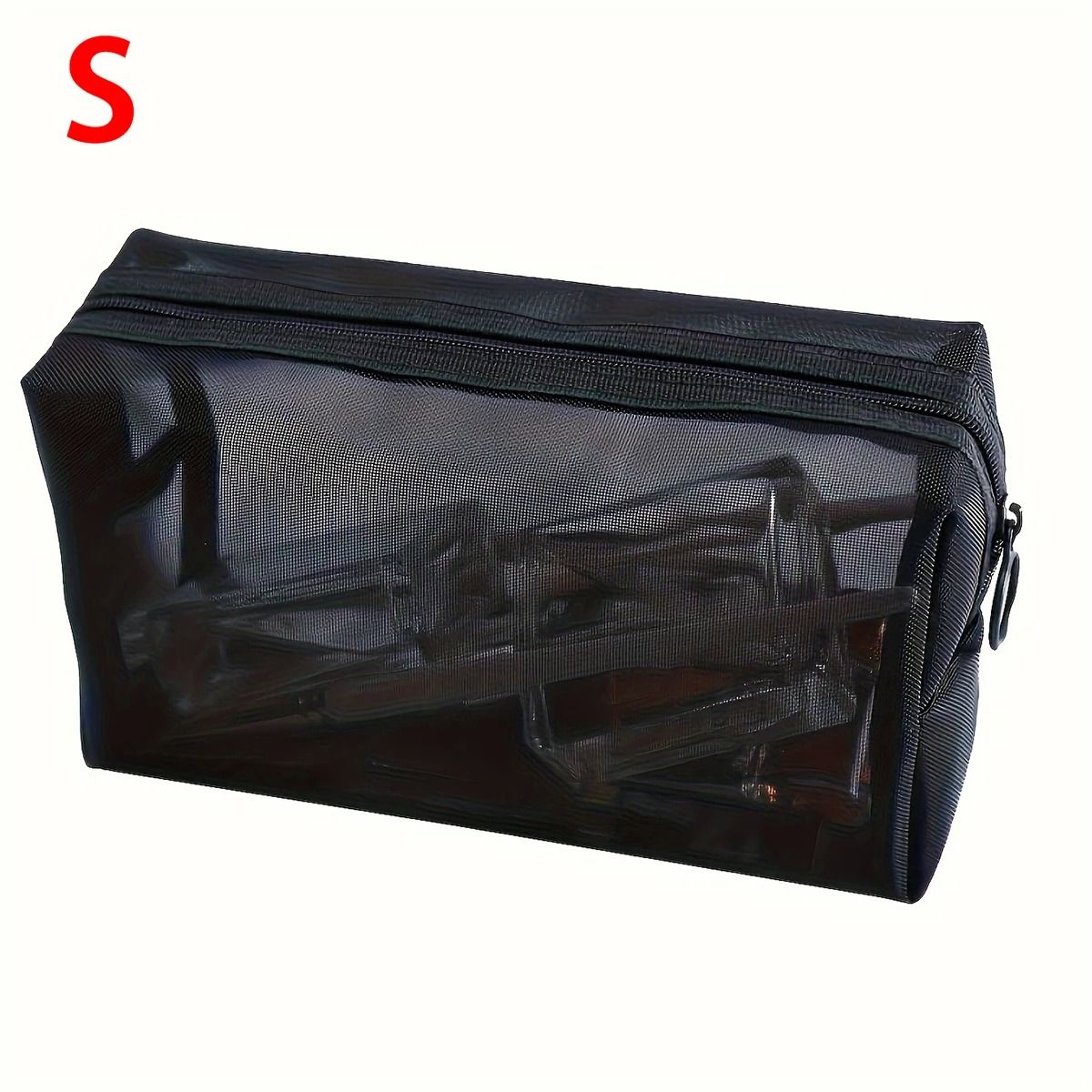 Black Mesh Travel Makeup Bag With Zippered Portable Storage 1