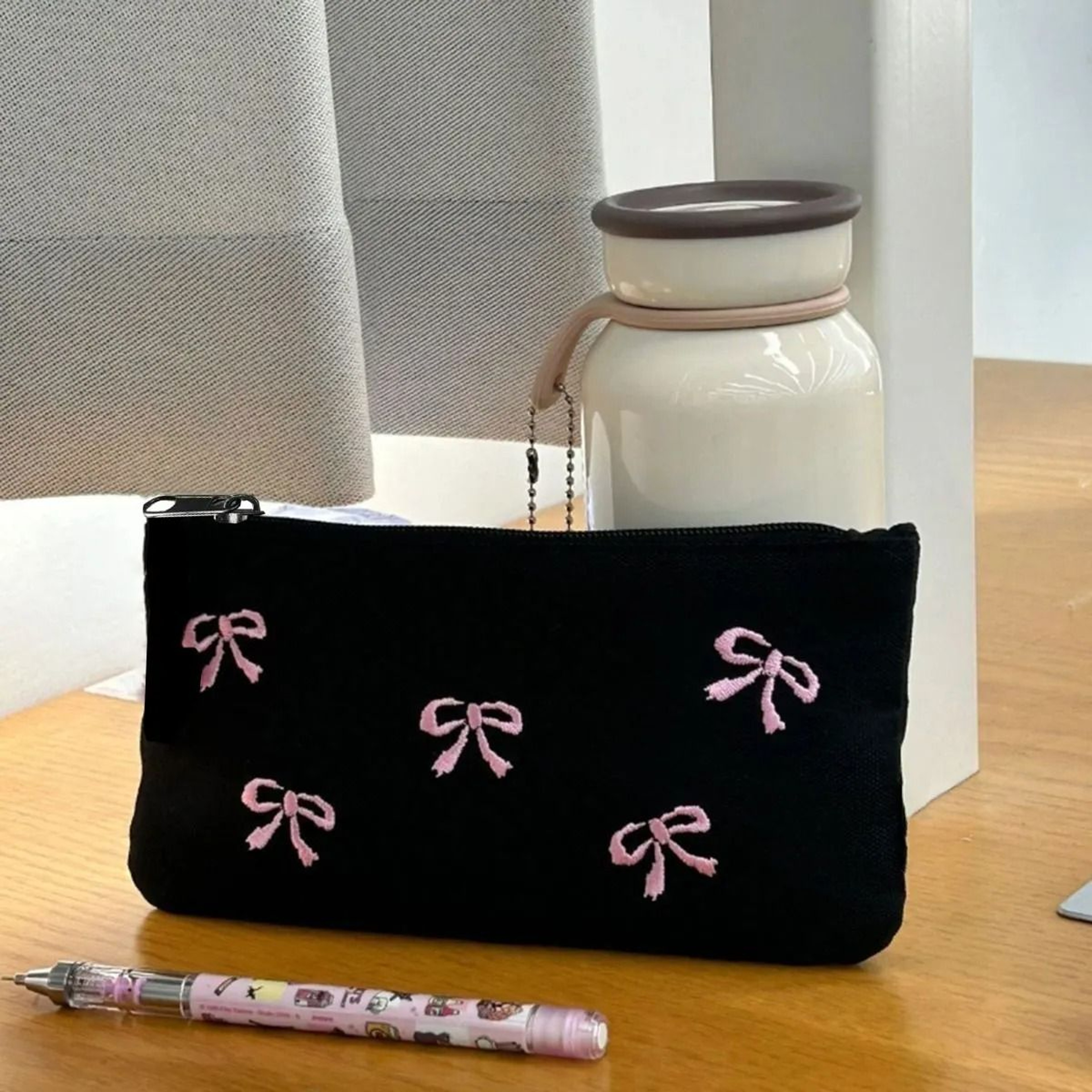 Black Bow Embroidered Makeup Bag And Pencil Storage Pouch 0