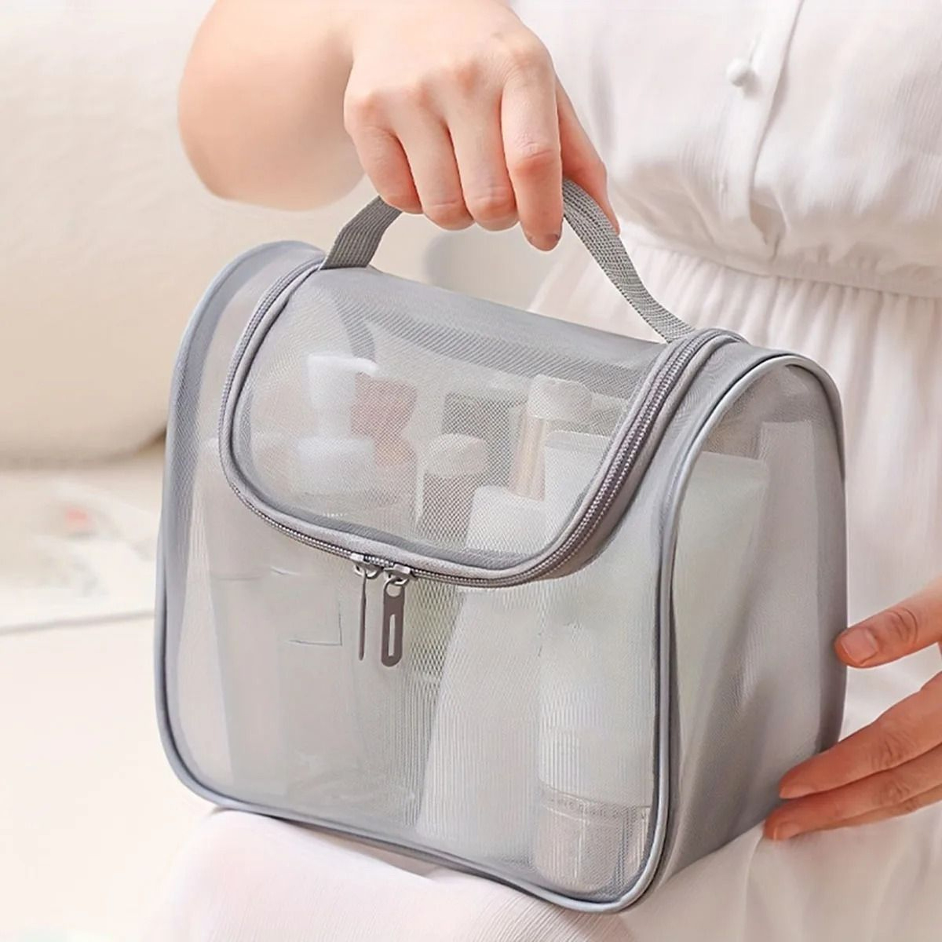 Large Curved Nylon Mesh Toiletry Bag For Makeup And Travel 8
