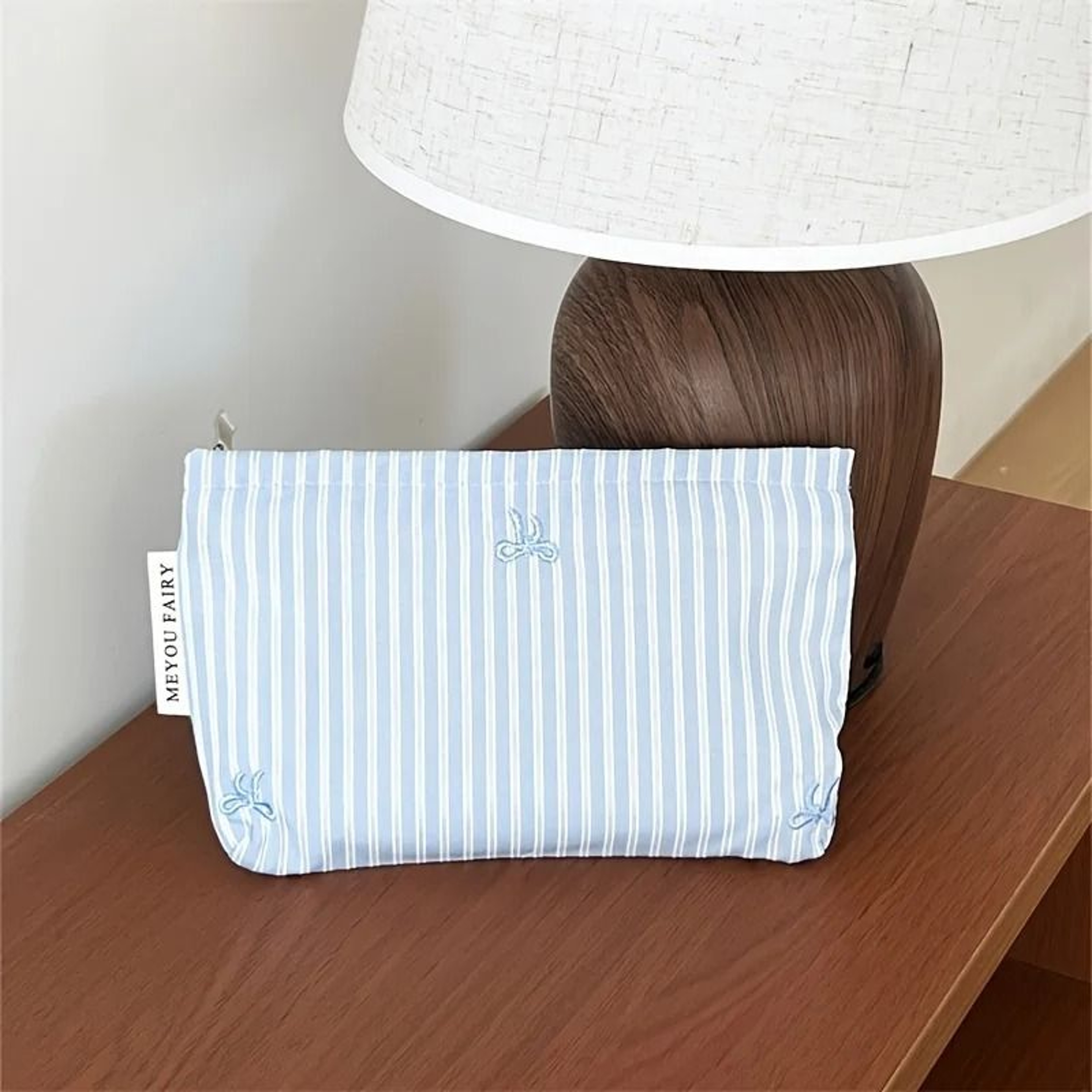 Light Blue Striped Bow Travel Makeup Organizer Bag 7