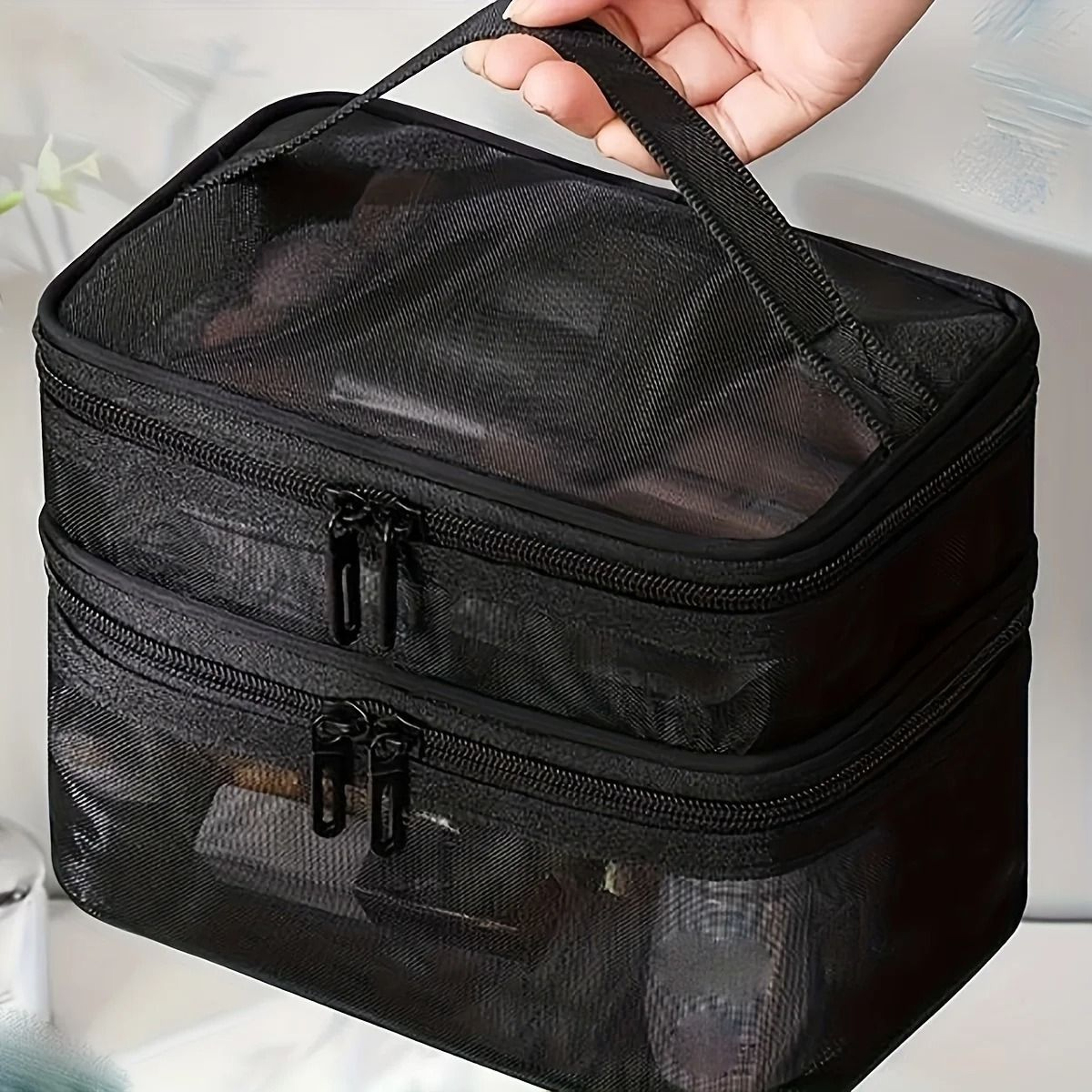 Large Capacity Double Layer Transparent Mesh Makeup Bag For Travel Cosmetic Storage 9