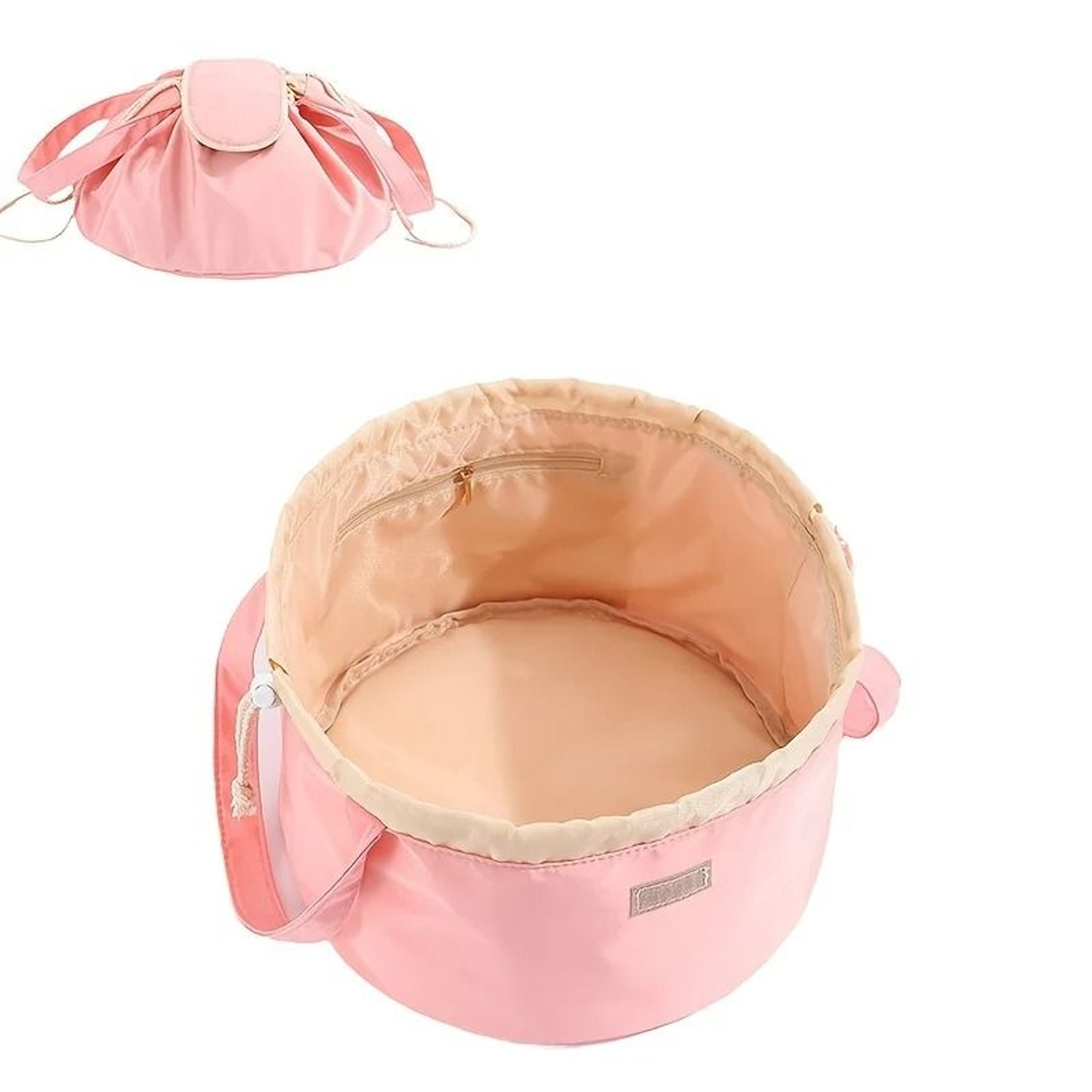 Large Capacity Drawstring Bucket Makeup Bag With Adjustable Strap And Storage Pockets 2