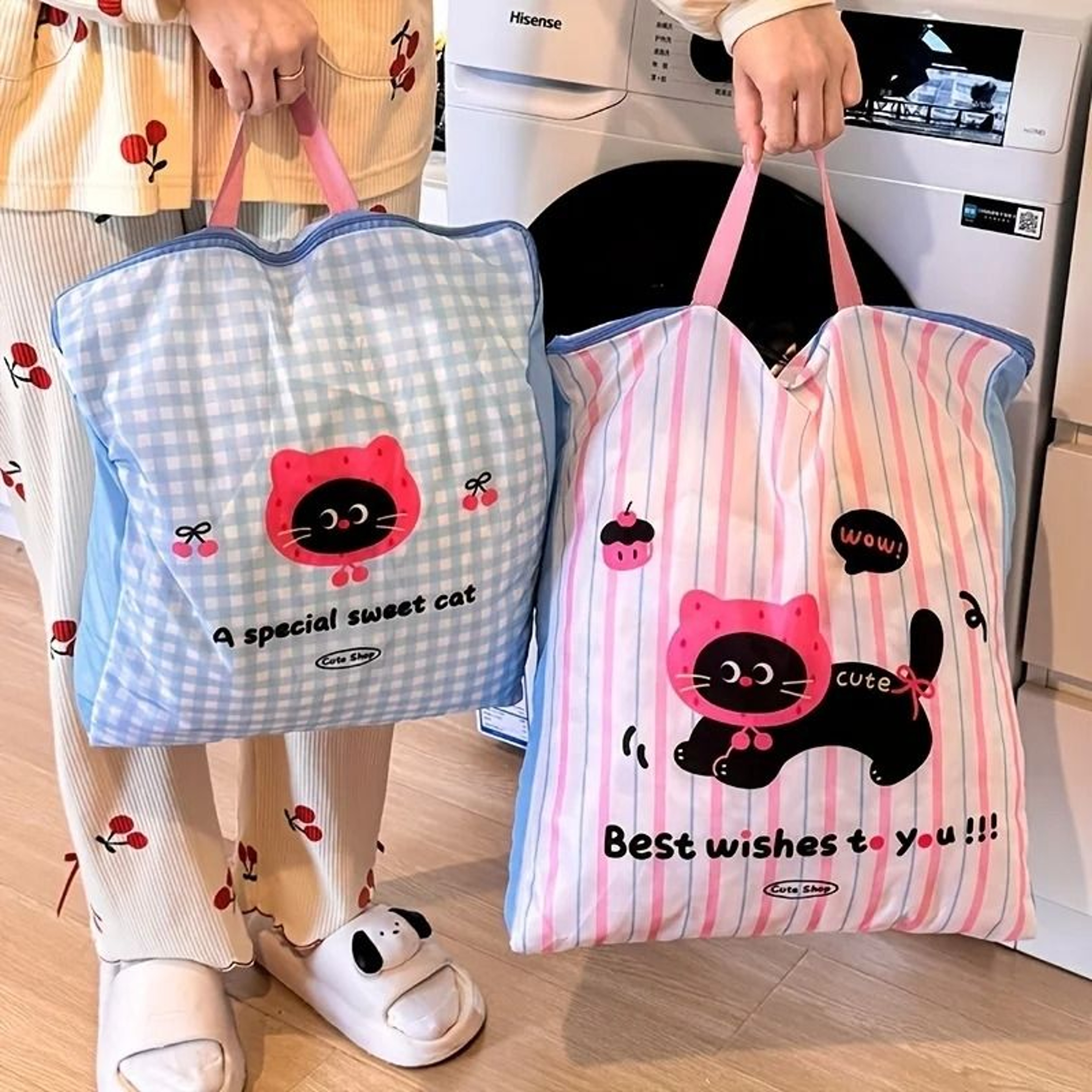 Cute Cat Panda Zippered Laundry Bag Durable Polyester Hamper For Home Travel 5