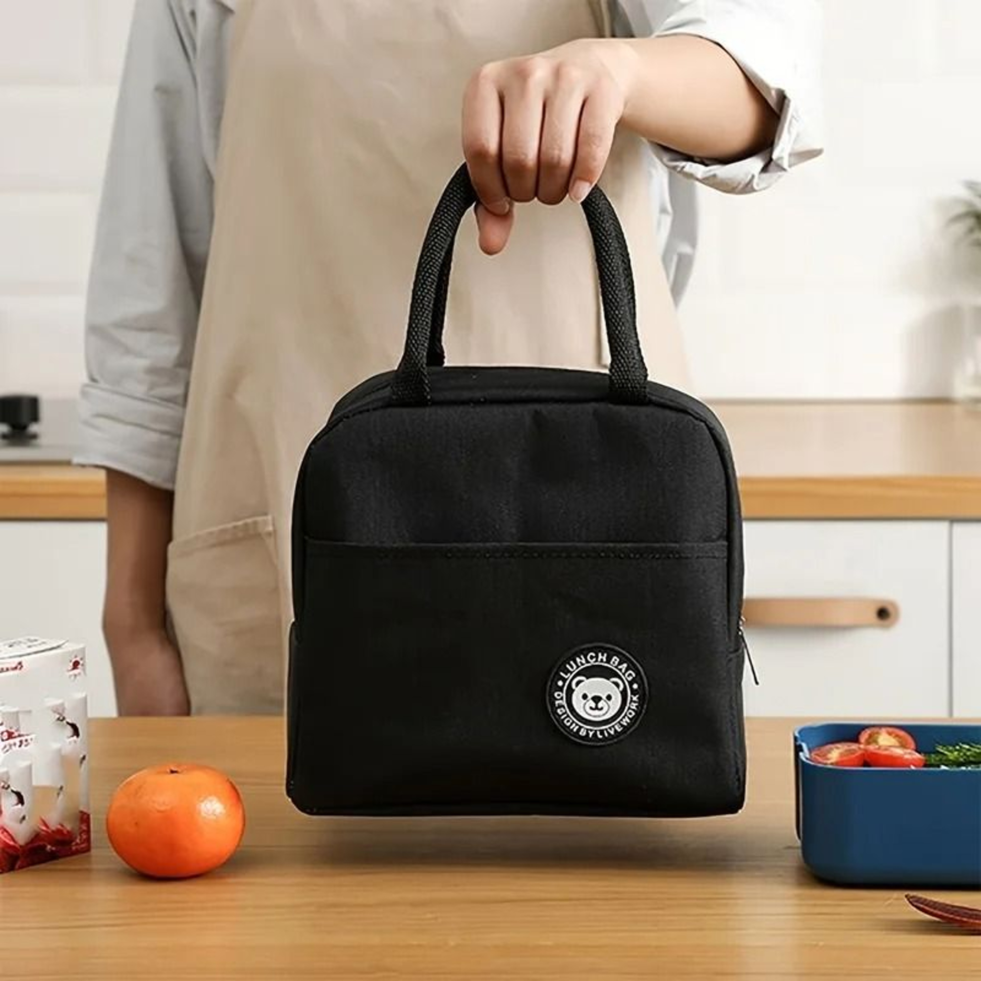 Black Cationic Insulated Lunch Bag Portable Thermal Food Tote For Work Picnics 7