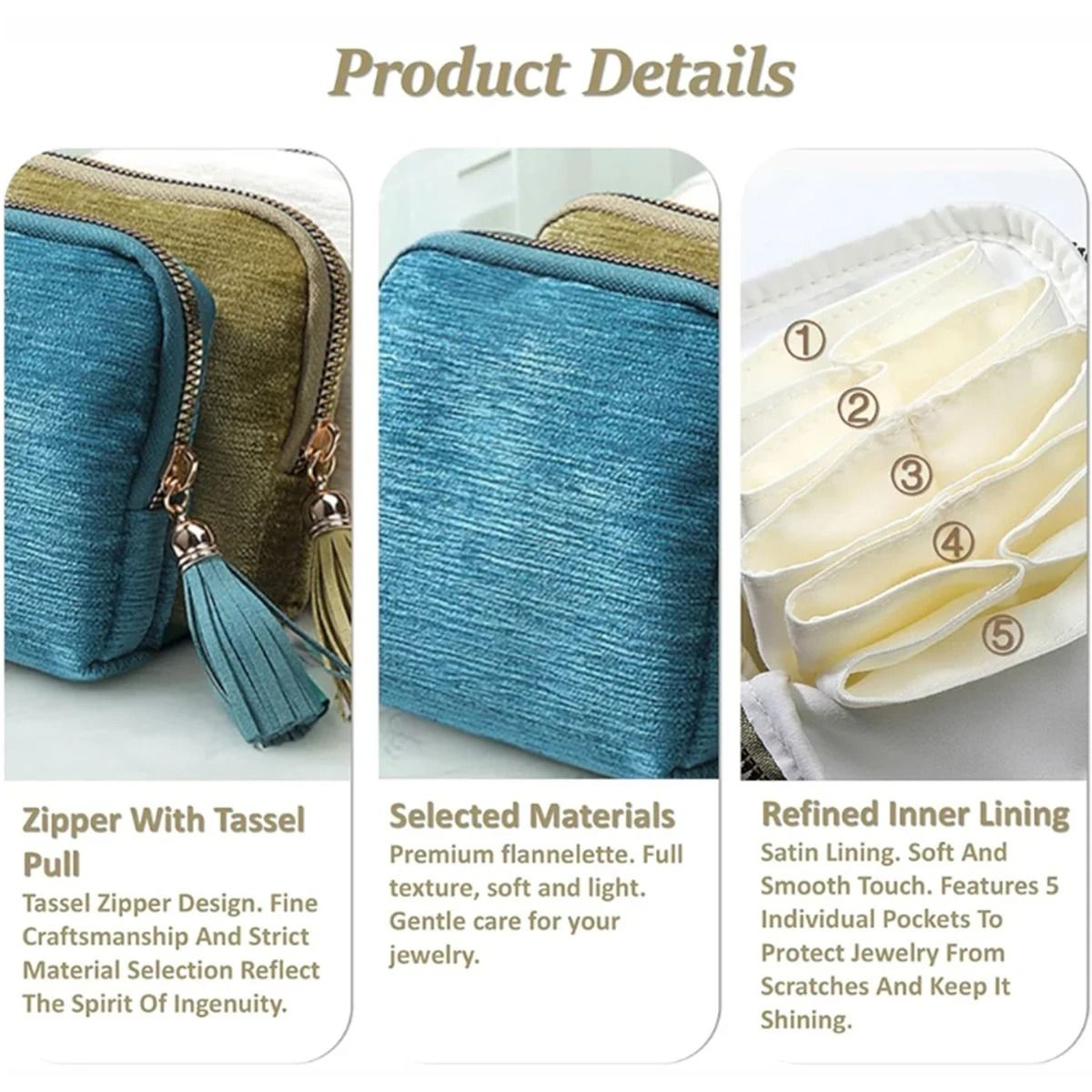 Portable Travel Jewelry Organizer Pouch With Tassel Zipper Dividers And Soft Lining 8