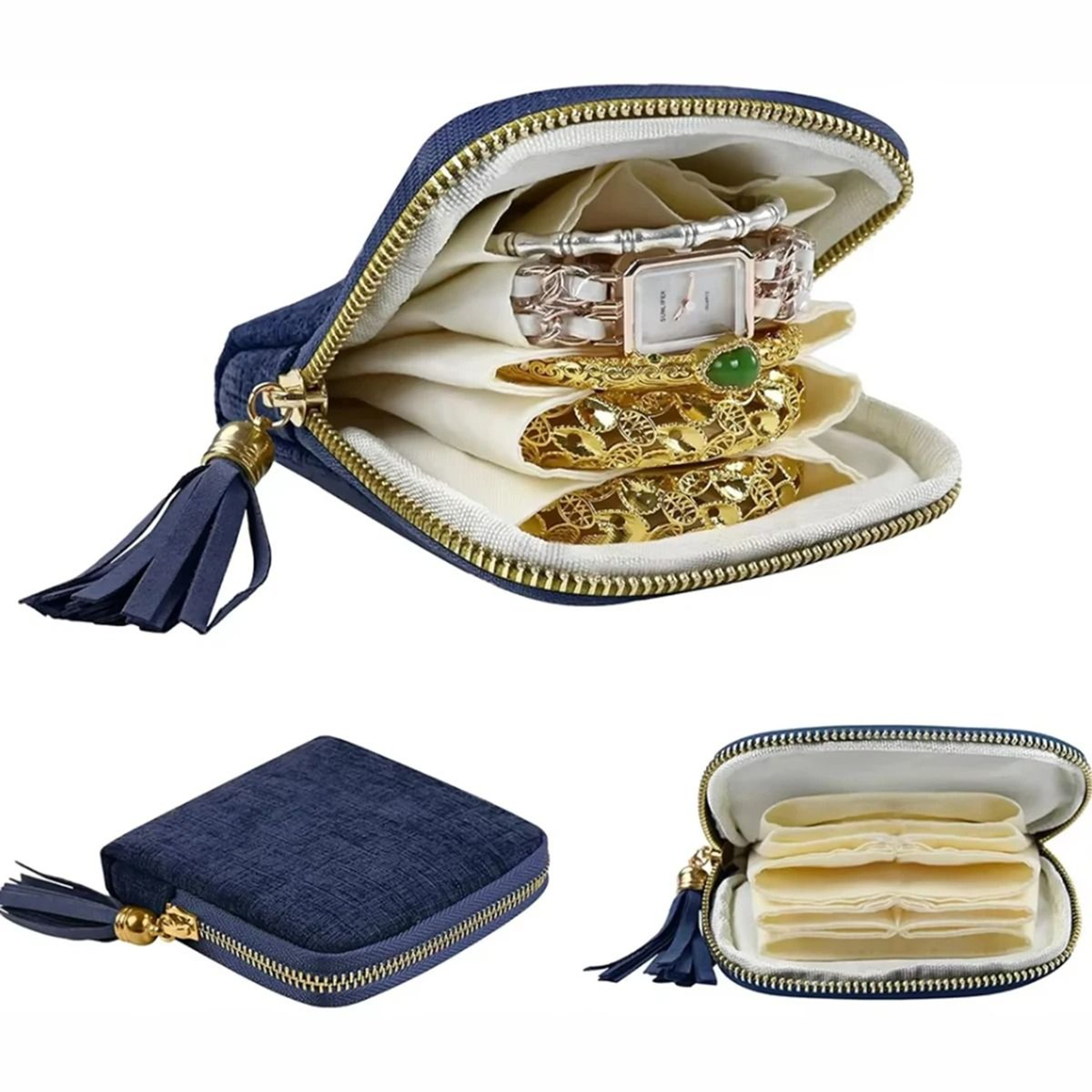 Portable Travel Jewelry Organizer Pouch With Tassel Zipper Dividers And Soft Lining 7