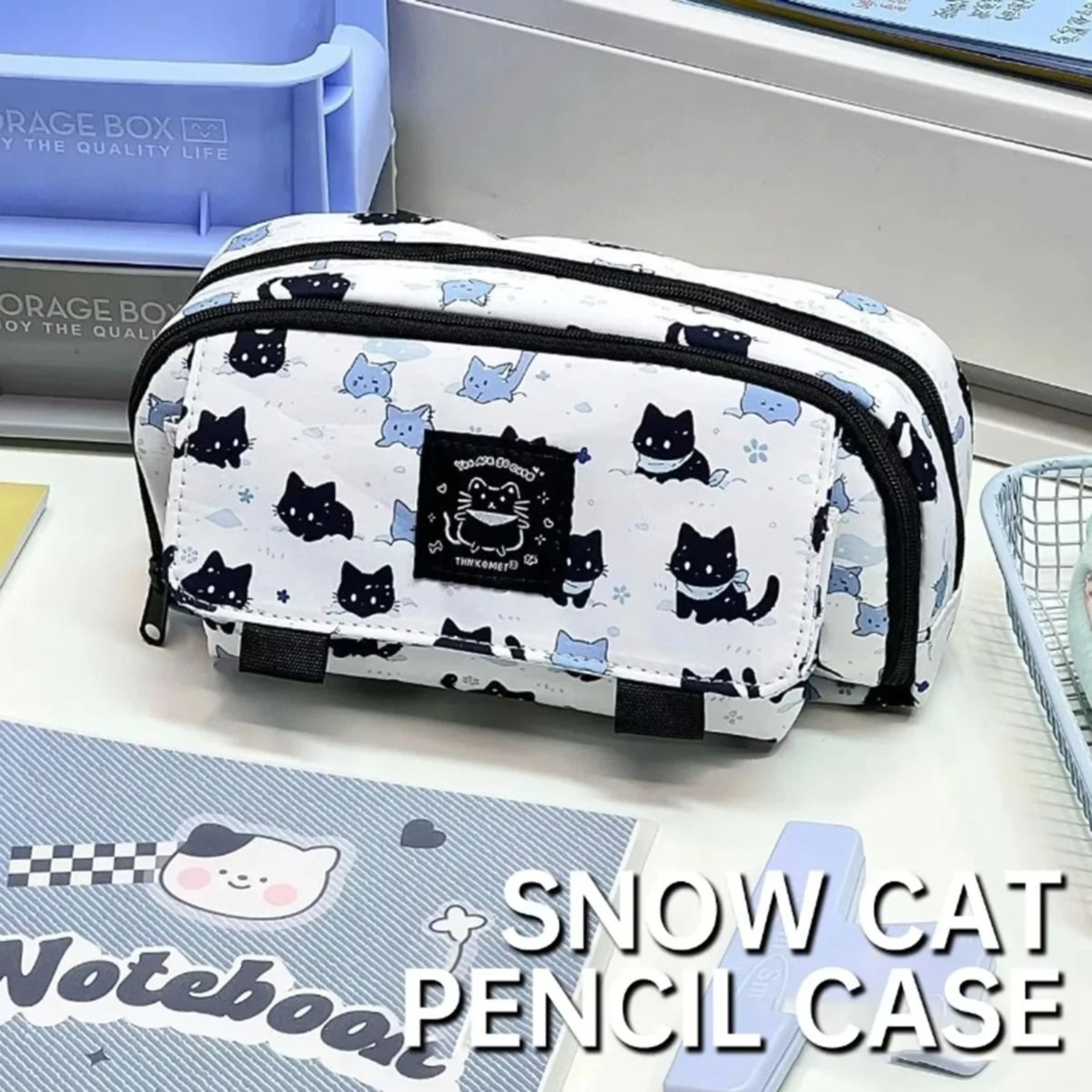 Snowy Kitten Pencil Case Large Capacity Double Layer Student Organizer 1
