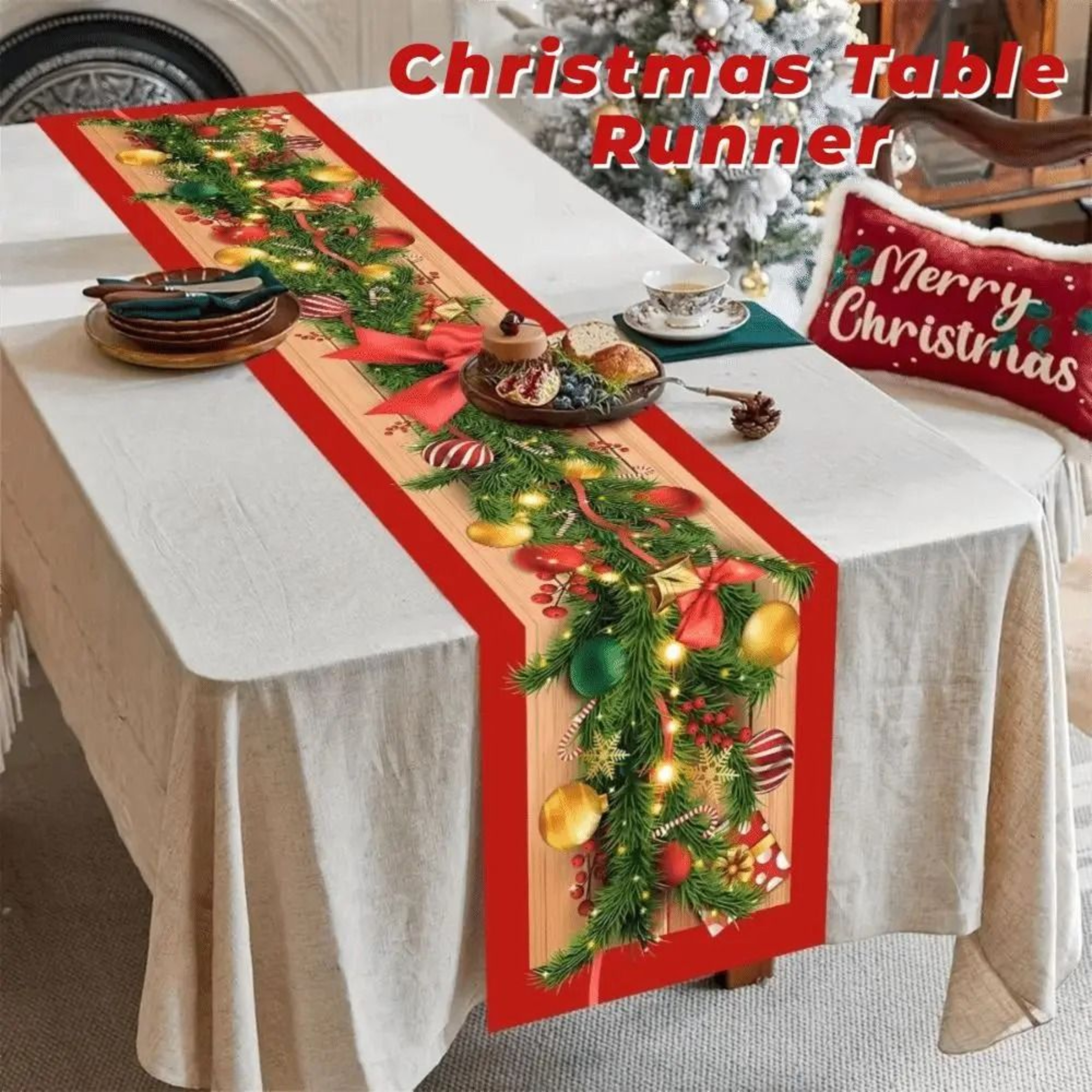 Festive Merry Christmas Table Runner Holiday Dining Decor 7