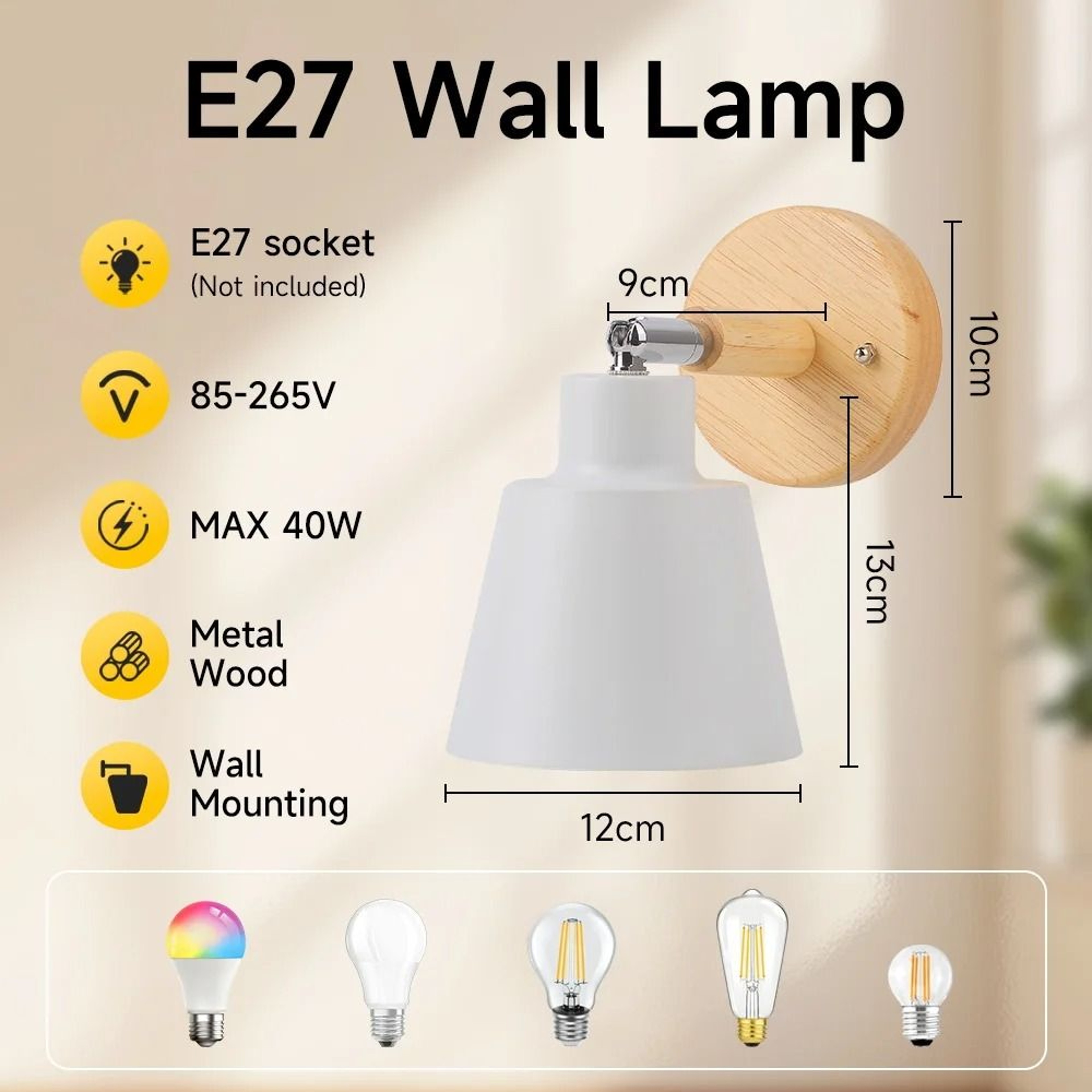 Nordic Wood E27 Bedside Wall Lamp 5