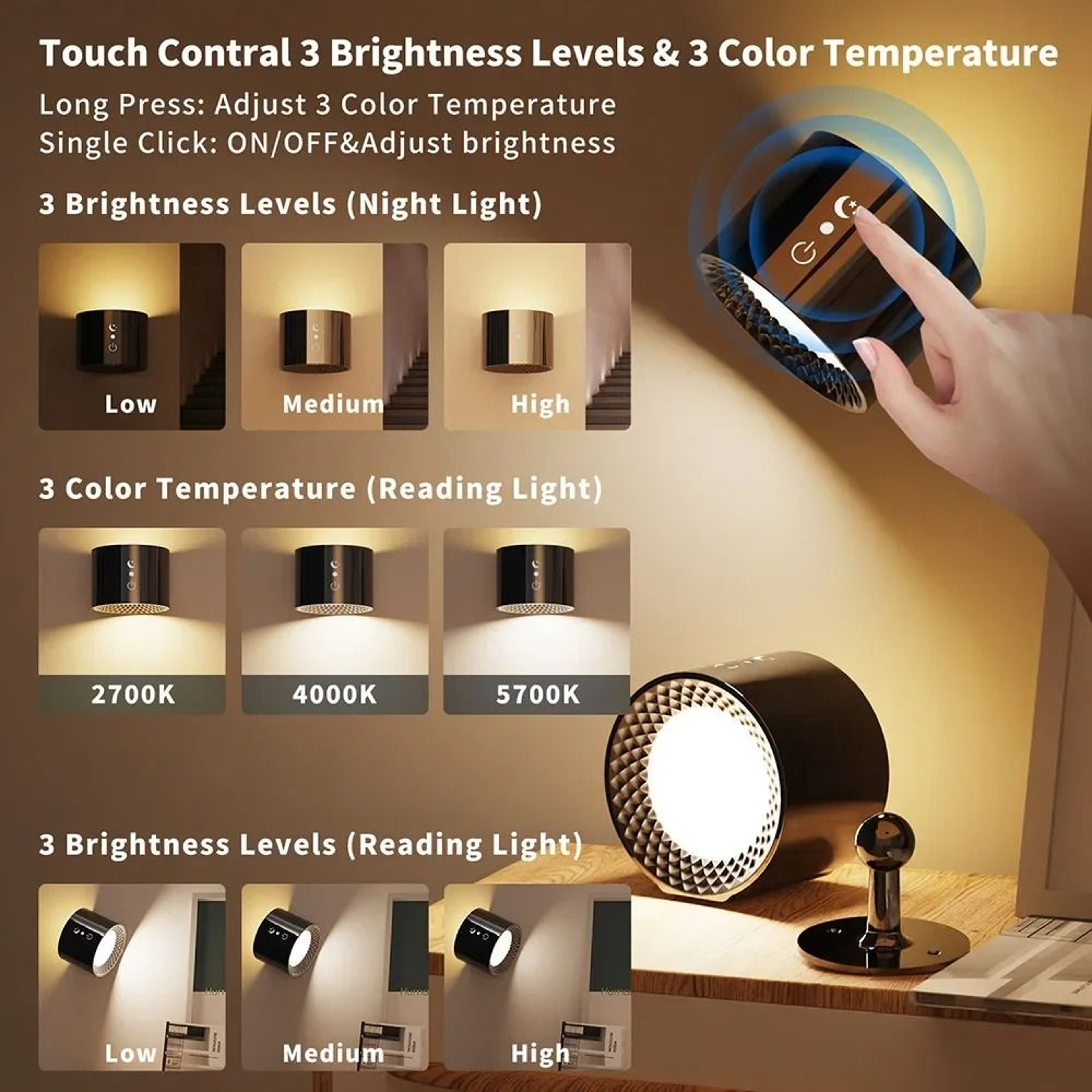 LumaEase Rechargeable Cordless Wall Sconce With Remote 7