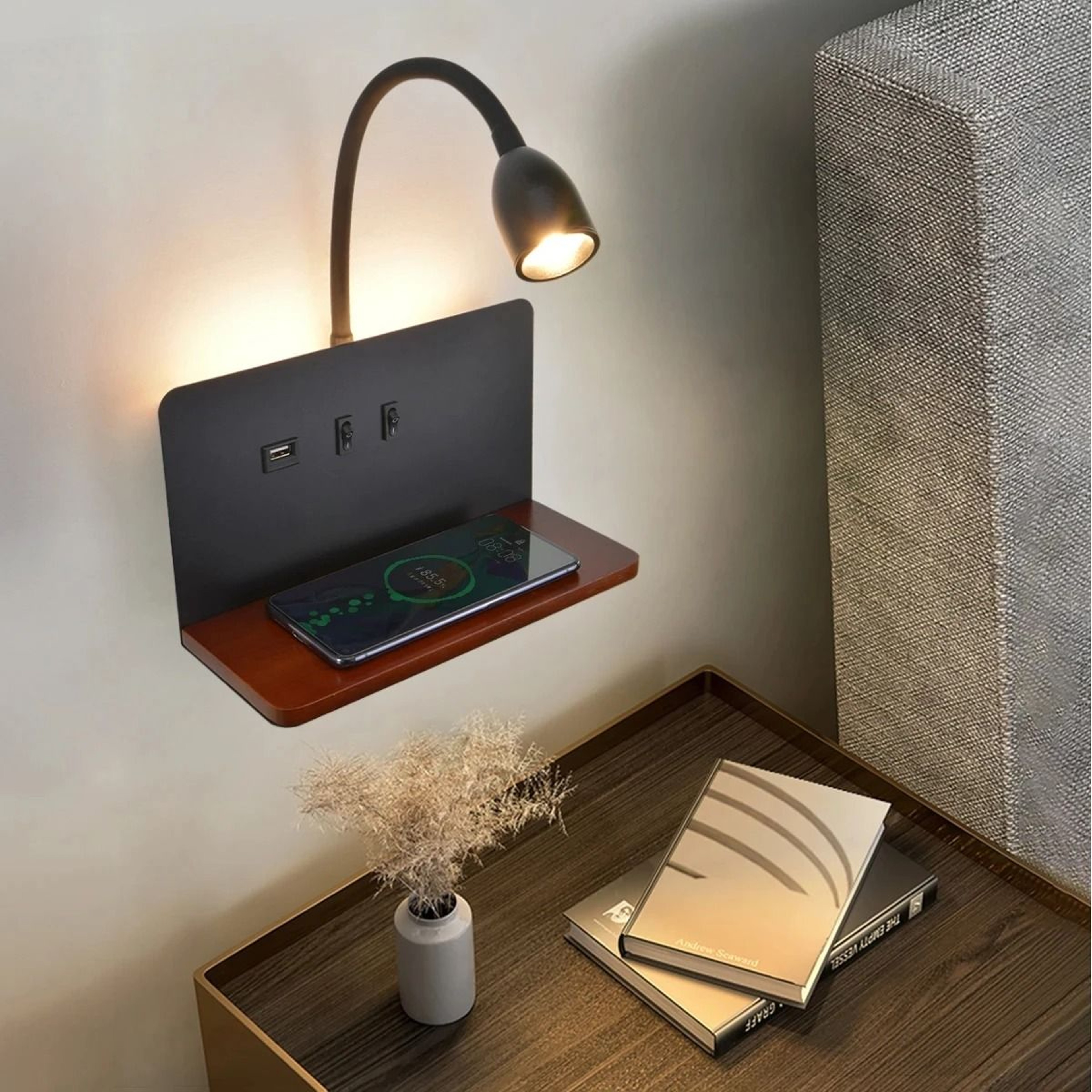 Wooden LED Wall Lamp With Wireless Charging And USB Socket 4