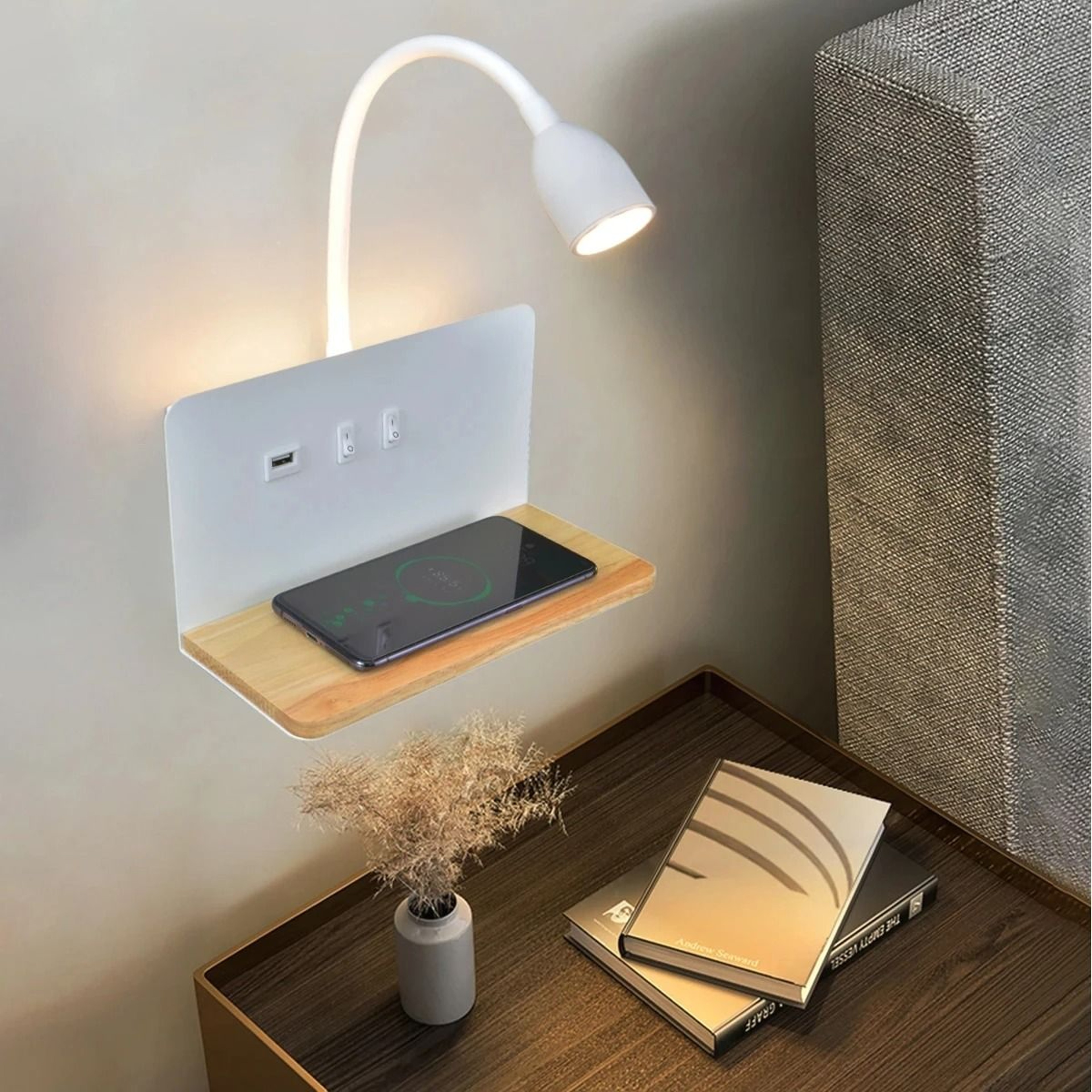 Wooden LED Wall Lamp With Wireless Charging And USB Socket 6