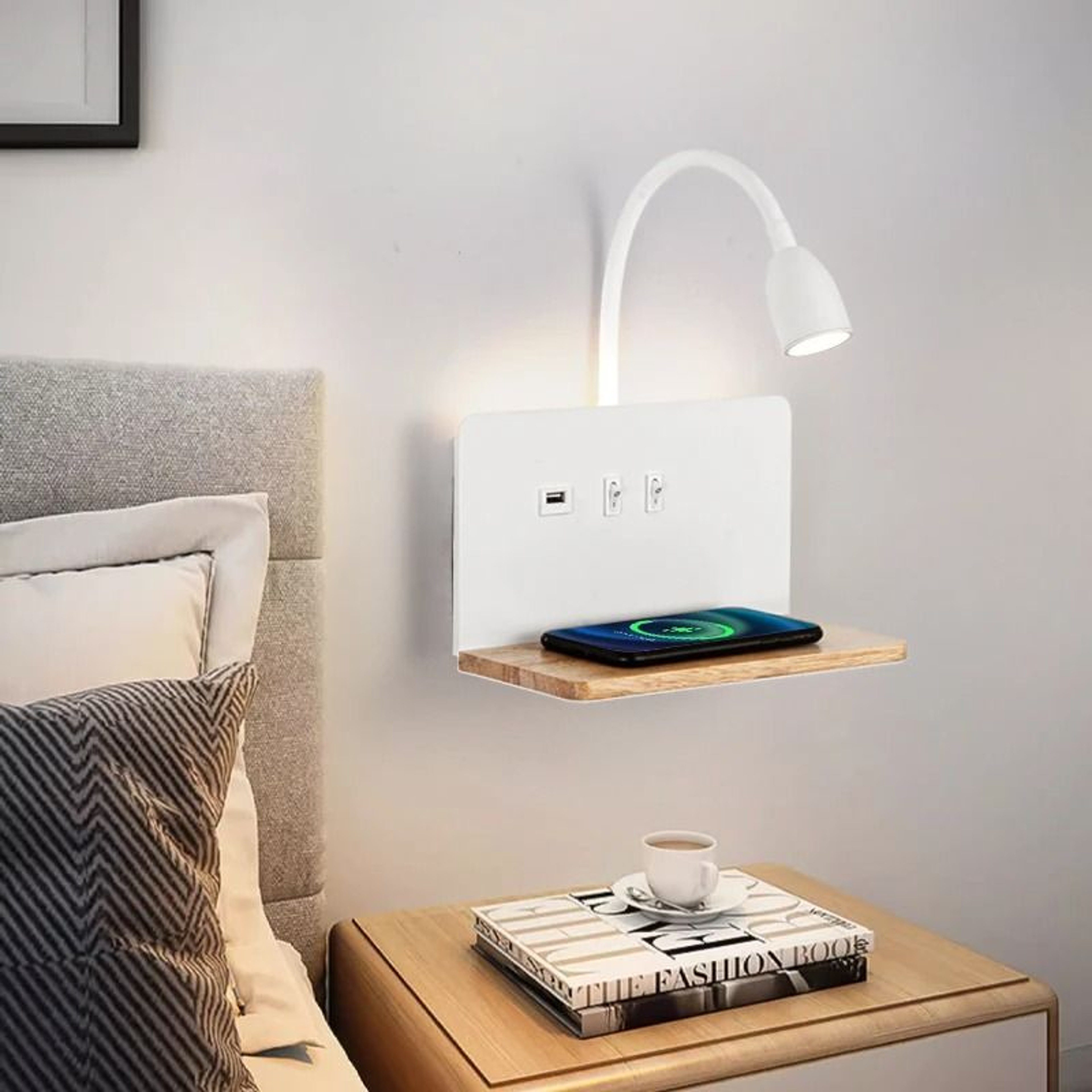 Wooden LED Wall Lamp With Wireless Charging And USB Socket 0