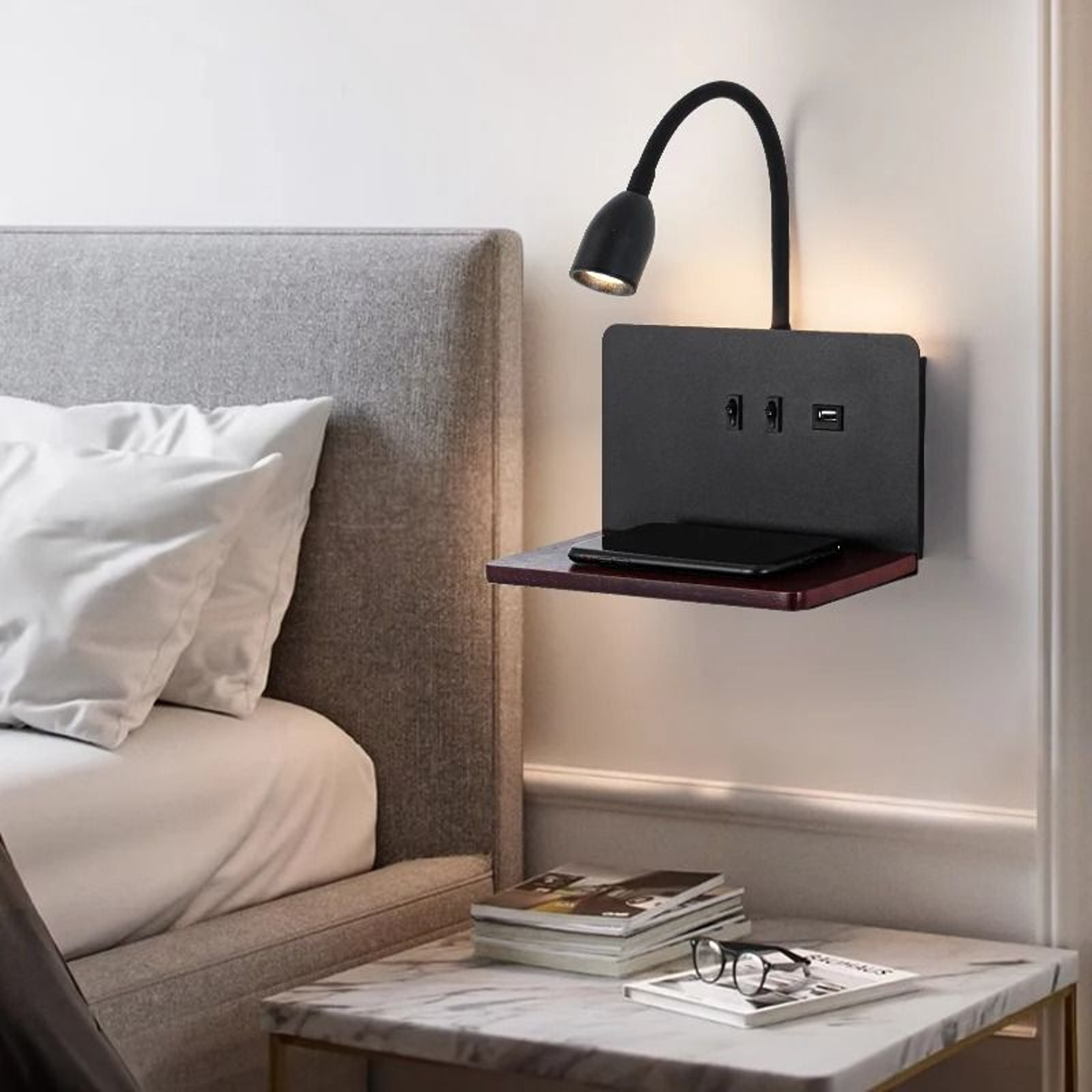 Wooden LED Wall Lamp With Wireless Charging And USB Socket 5