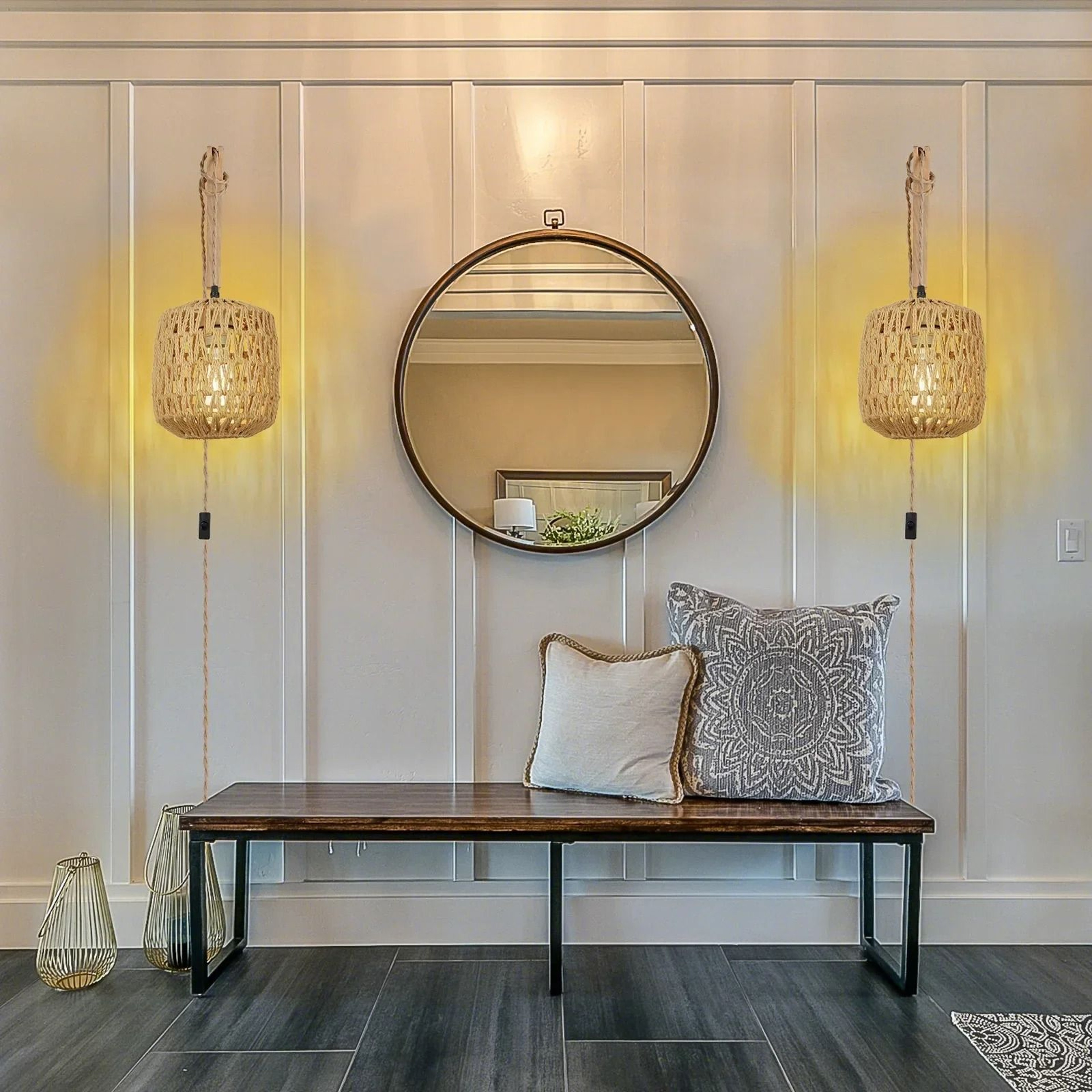 Handwoven Rattan E27 Wall Lamp Retro Hemp Rope Sconce 3