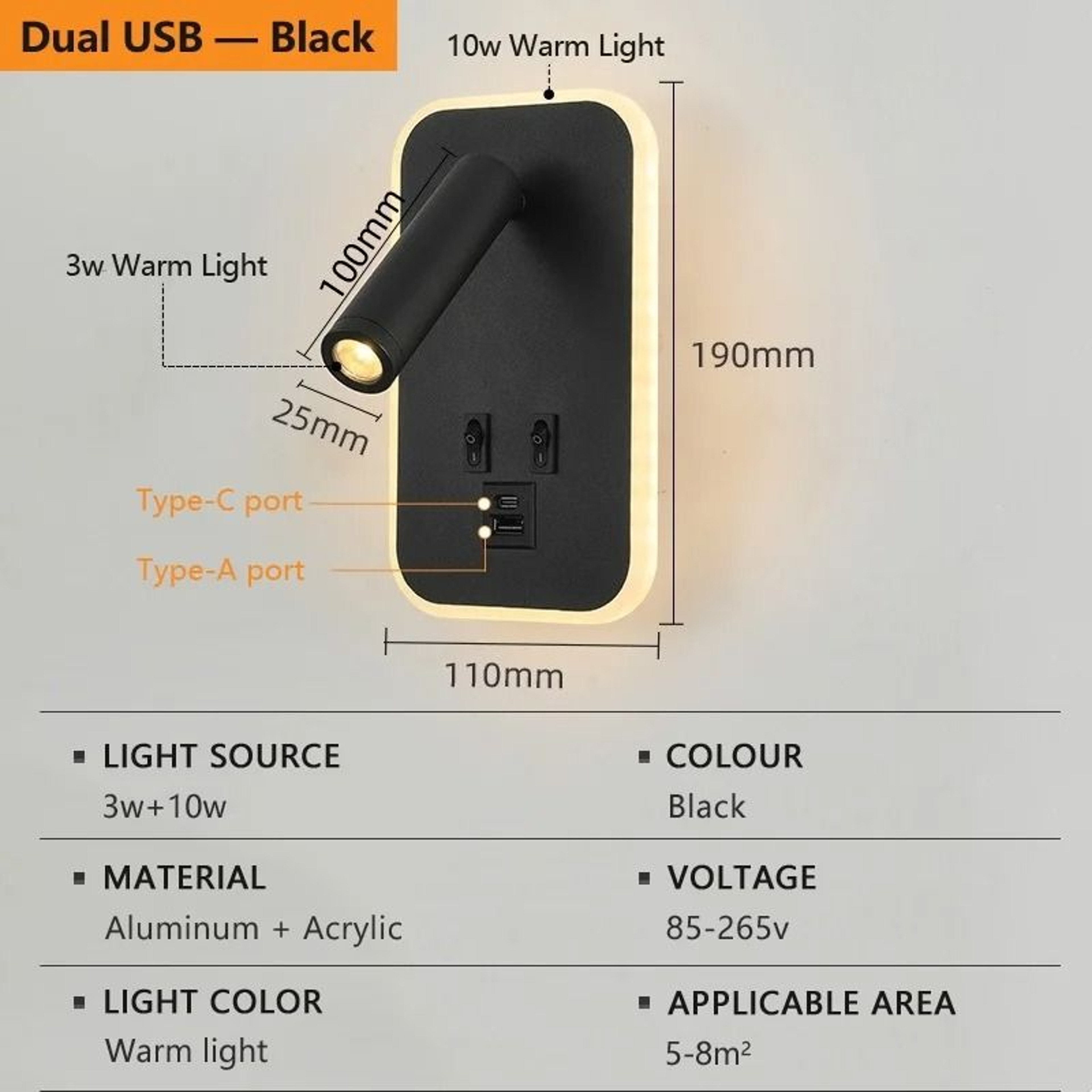 Rotatable LED Wall Reading Light With Type C USB Charging 7