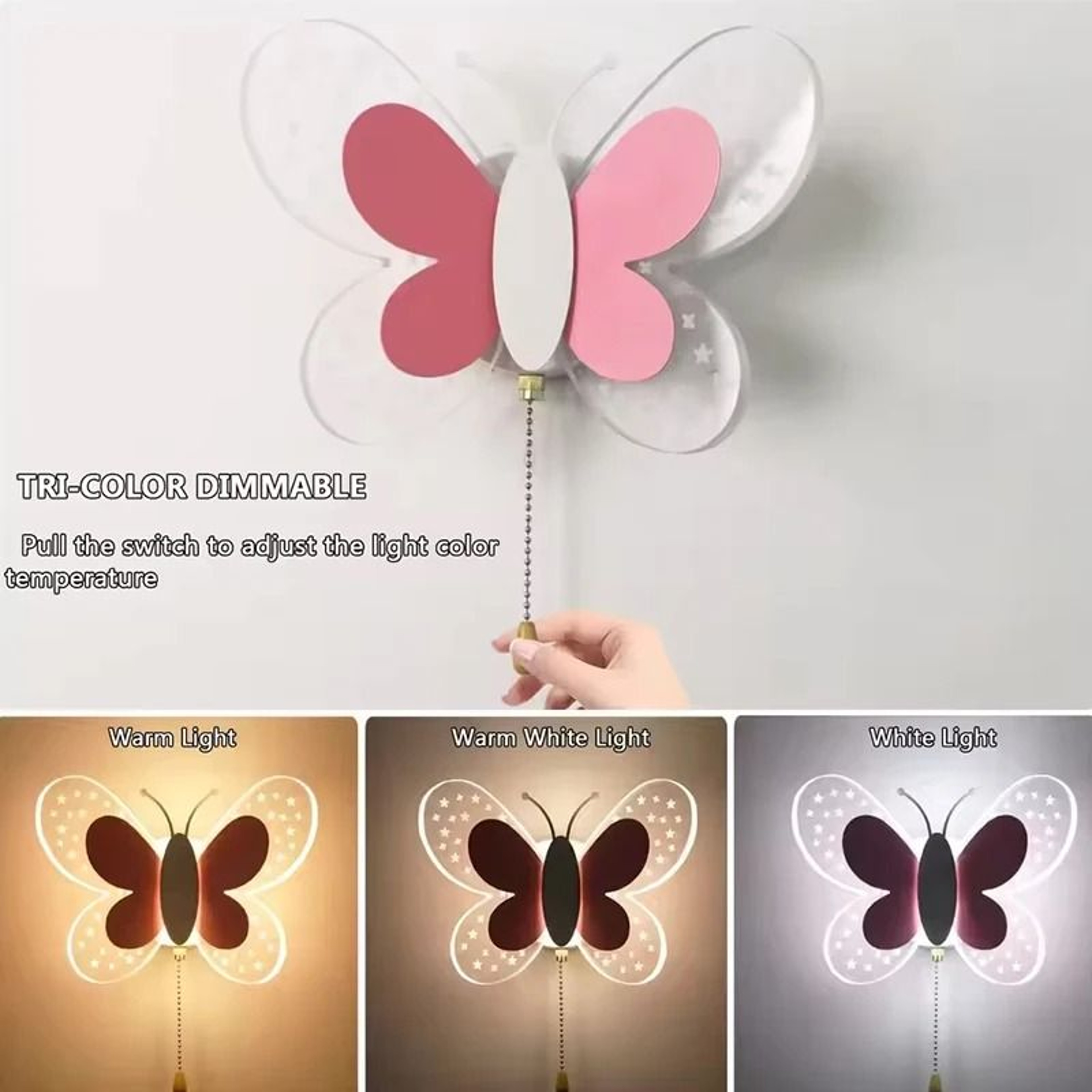 Butterfly LED Wall Lamp Tricolor Pull Switch Kids Room Light 7