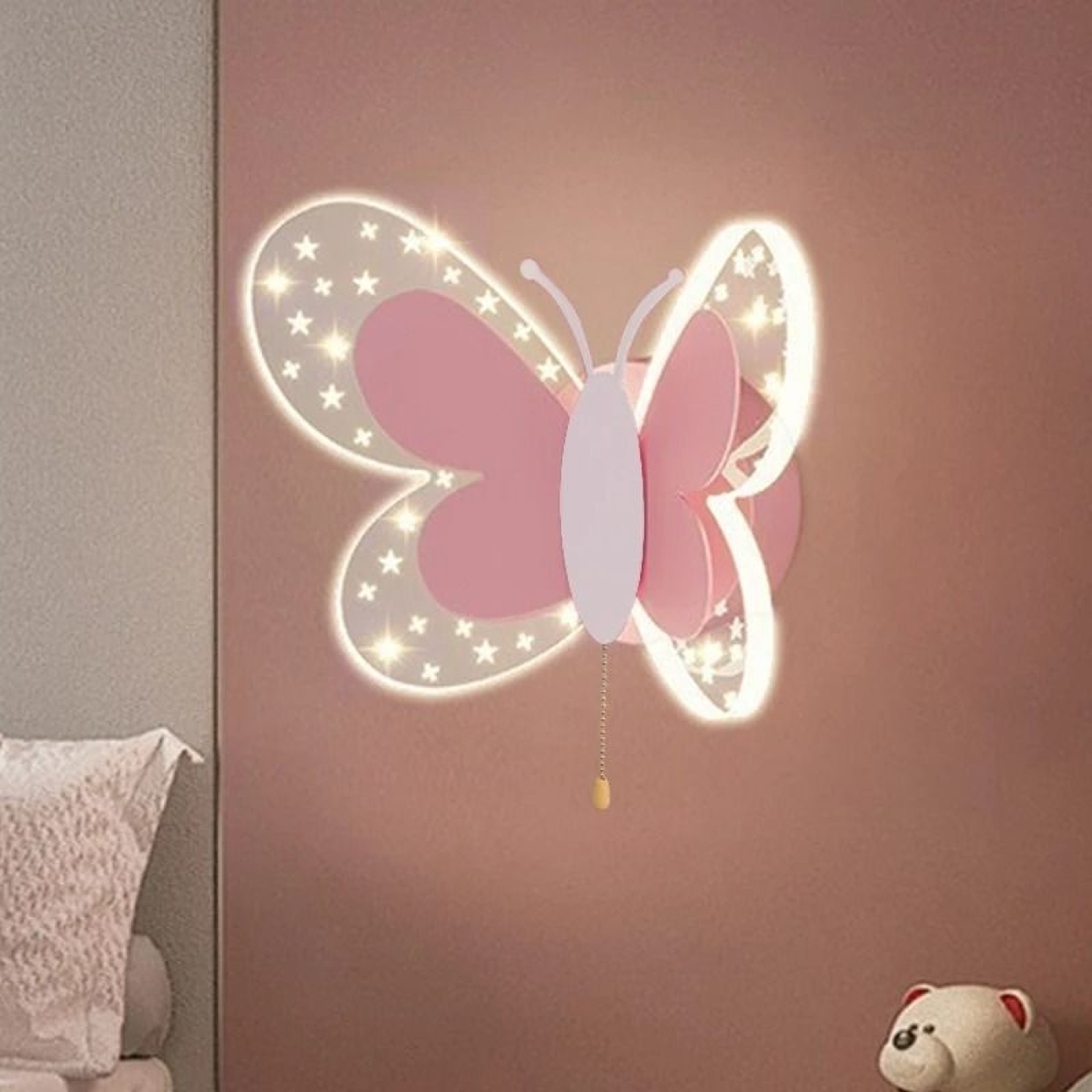 Butterfly LED Wall Lamp Tricolor Pull Switch Kids Room Light 0