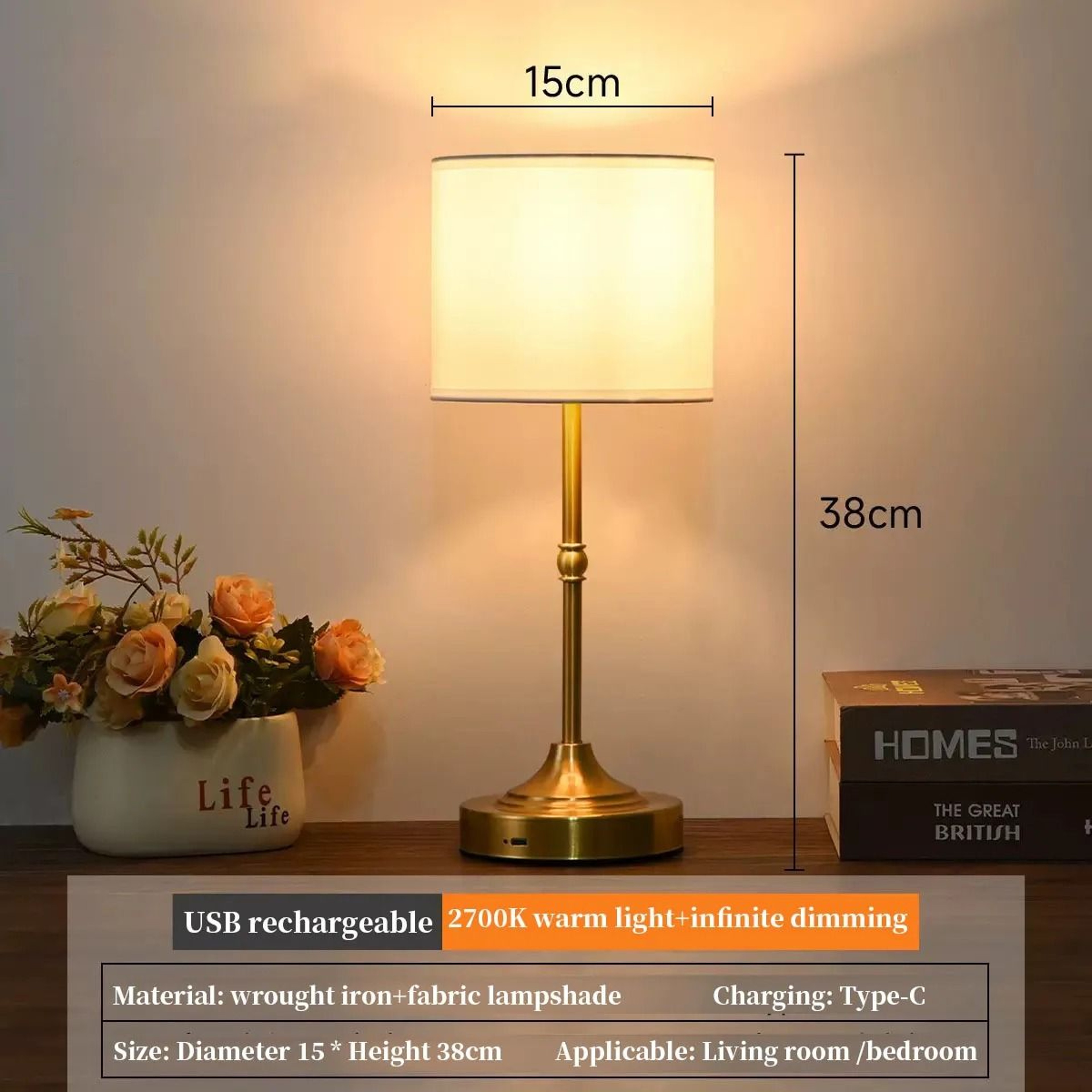 Rechargeable Cordless Touch Table Lamp 3 Level Dimmable Bedside Light 4