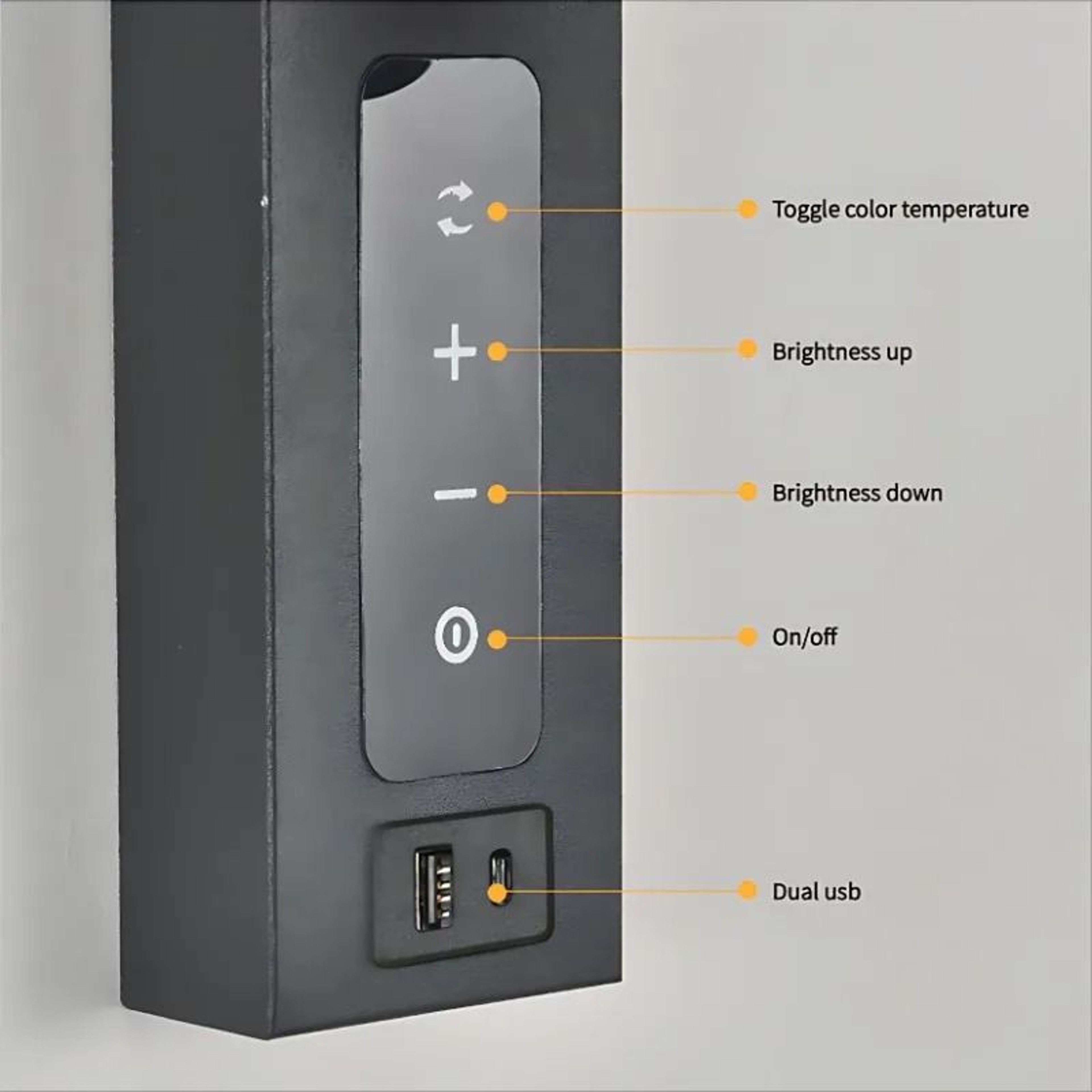 Dimmable Bedside Wall Light With Dual USB Charging And Tri Color LED 9