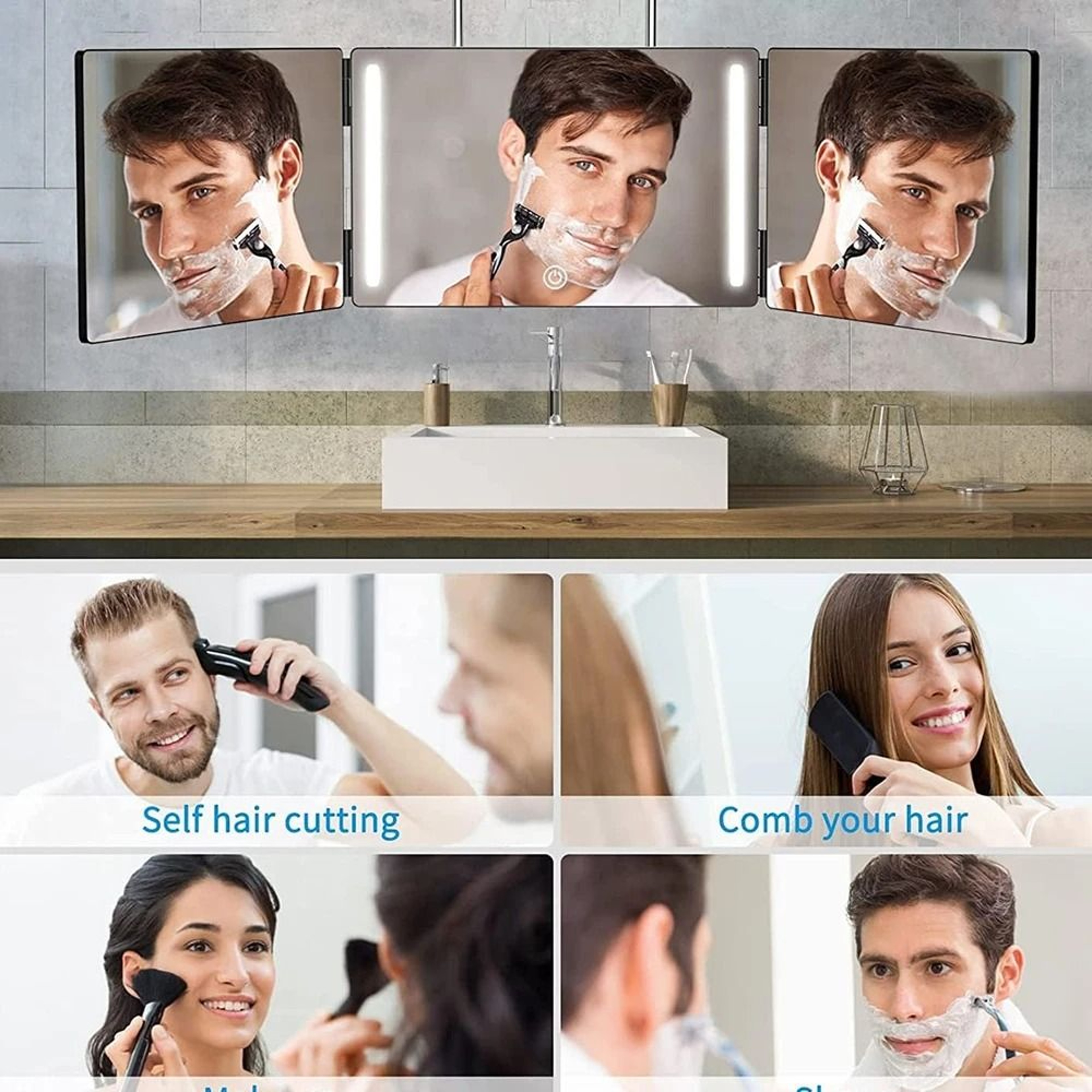 360 View LED 3 Way Haircut Mirror Trifold Self Grooming Mirror 12