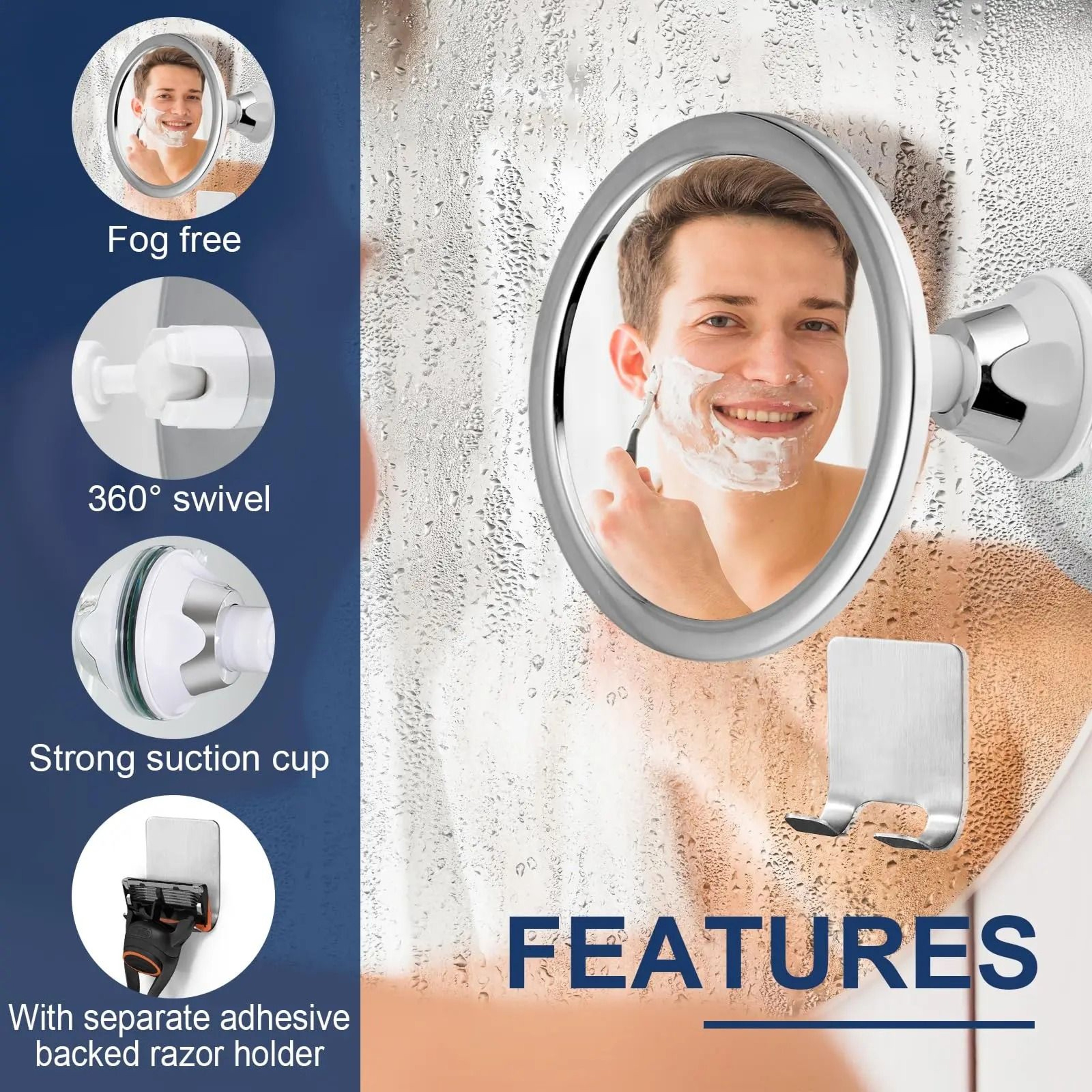 360 Rotating Fogless Shower Mirror Suction Cup Shaving Bathroom Grooming Mirror 7