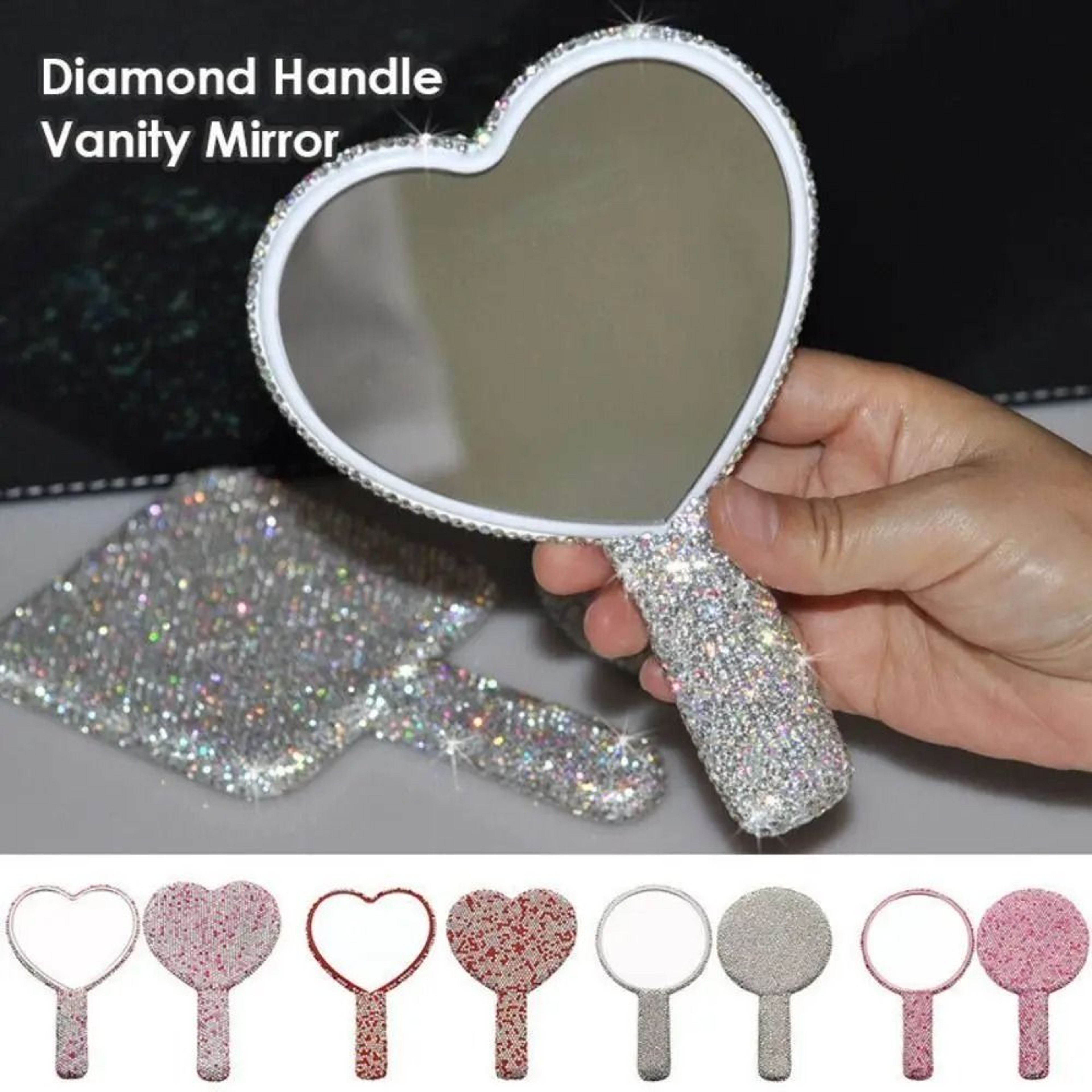 Glam Rhinestone Handheld Makeup Mirror Bling Heart Round Square Beauty Mirror 0