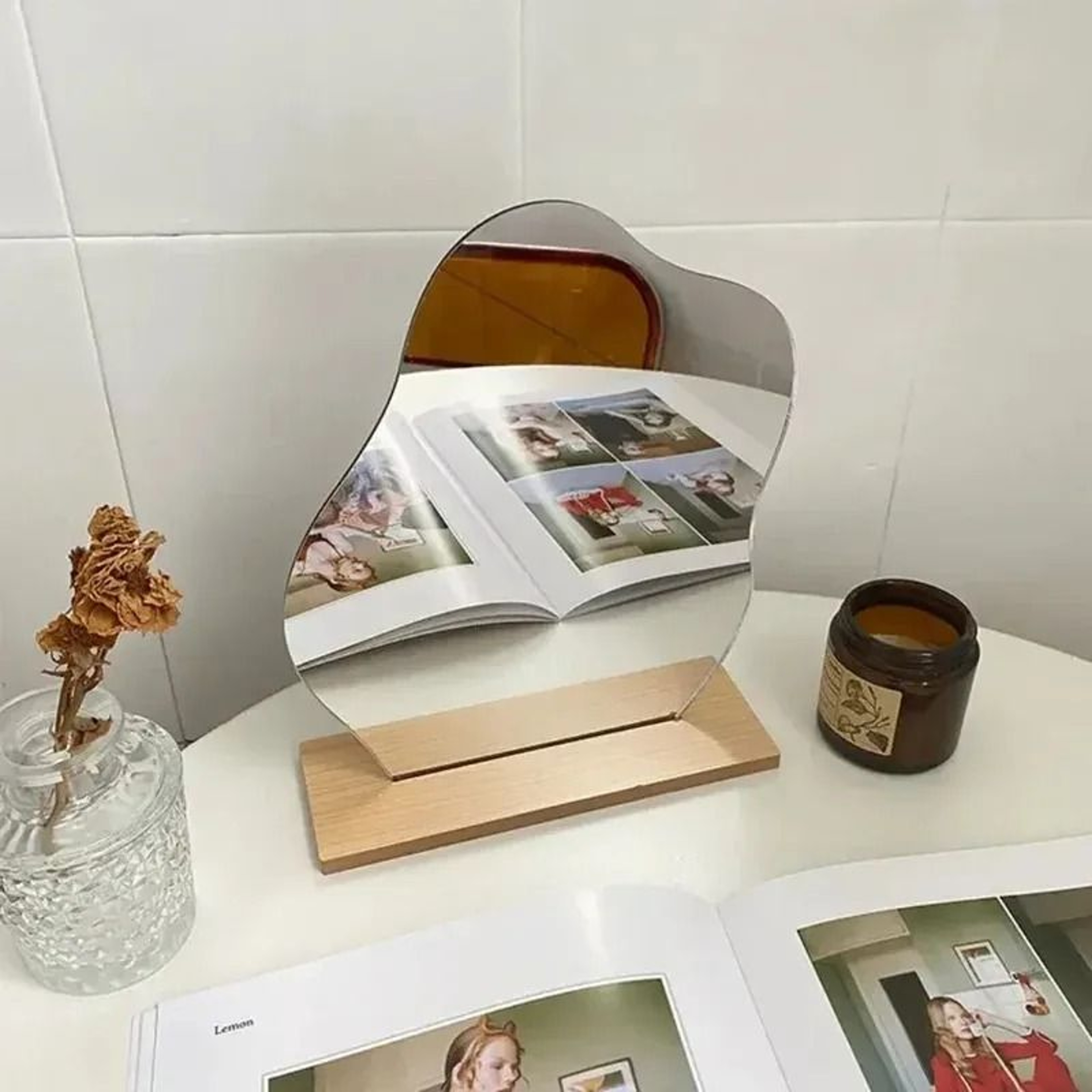 Modern Irregular Acrylic Vanity Mirror Wooden Base Desktop Makeup Decor Mirror 6