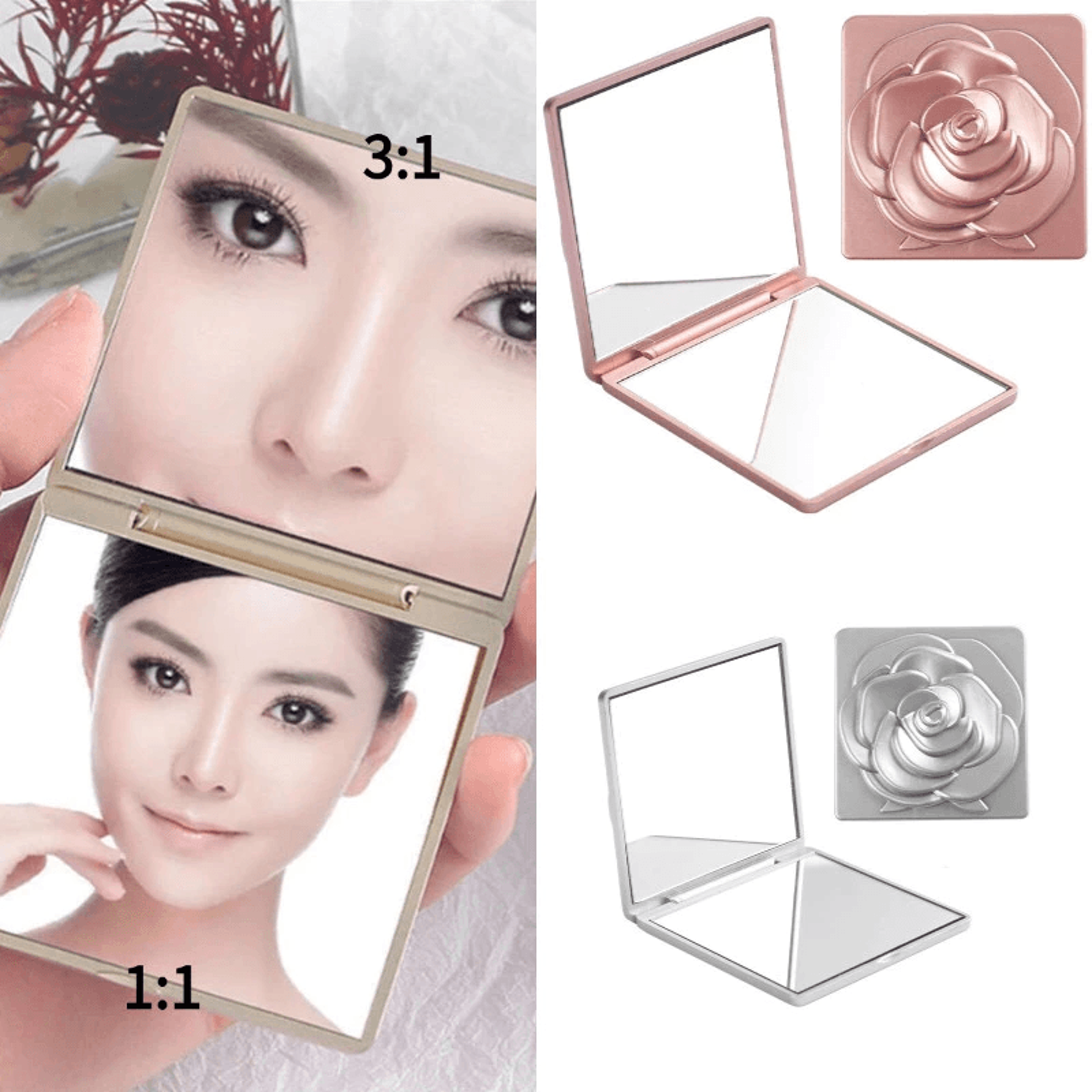 Elegant 7cm Rose Pocket Mirror Square Folding Travel Makeup Mirror With Pouch 4