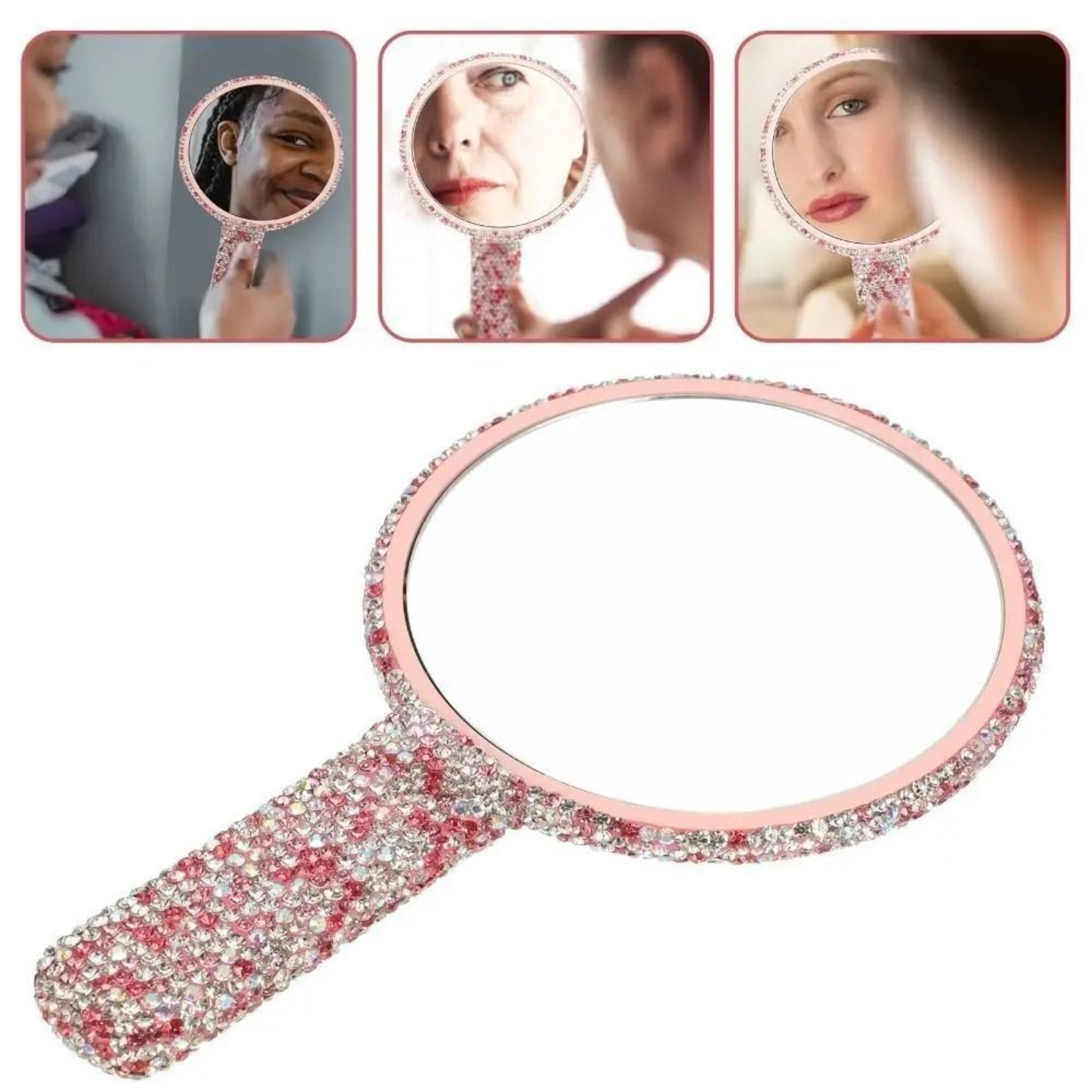 Glam Rhinestone Handheld Makeup Mirror Heart Round Square Portable Beauty Mirror 9
