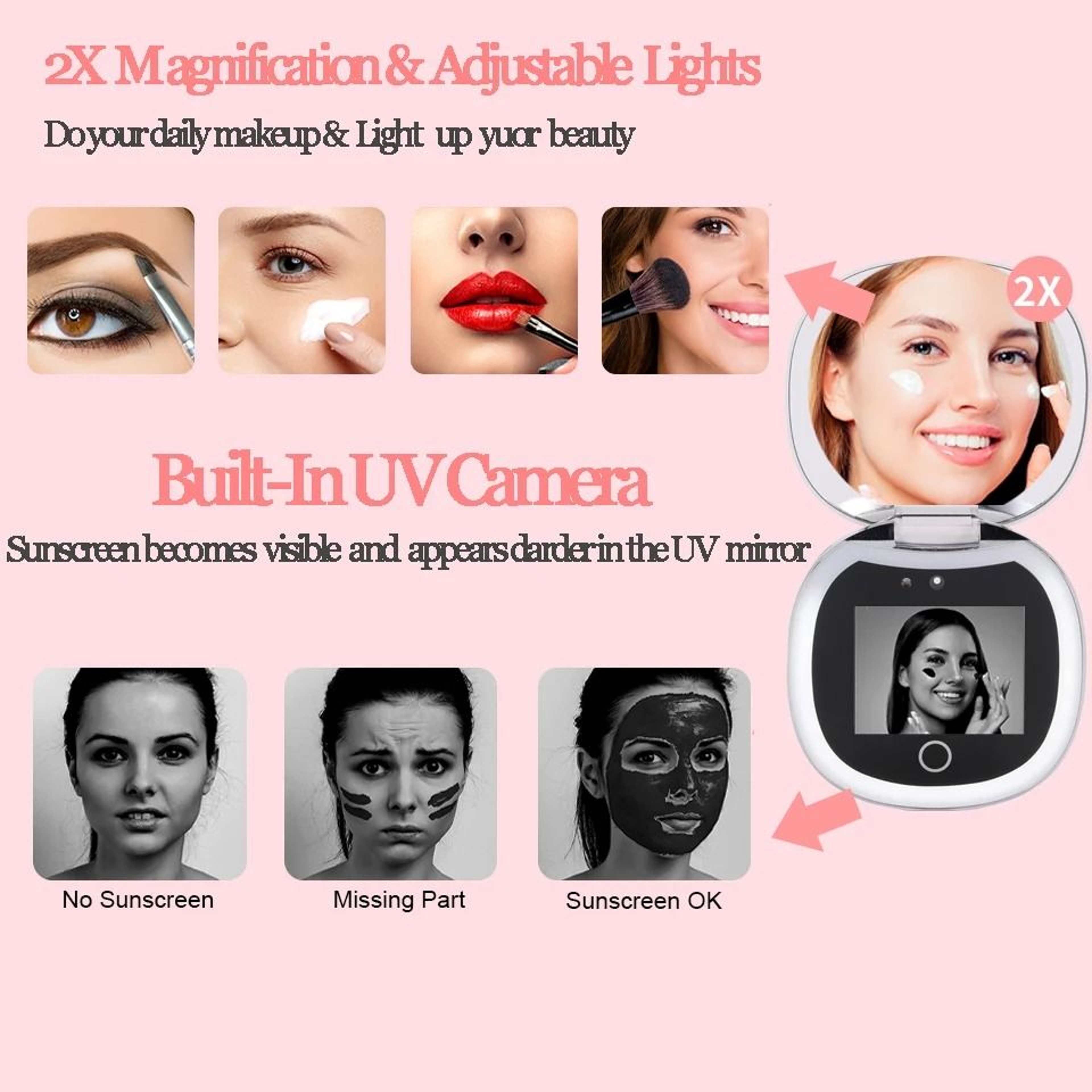 UV Sunscreen Test Mirror Portable LED Compact Makeup Mirror 5