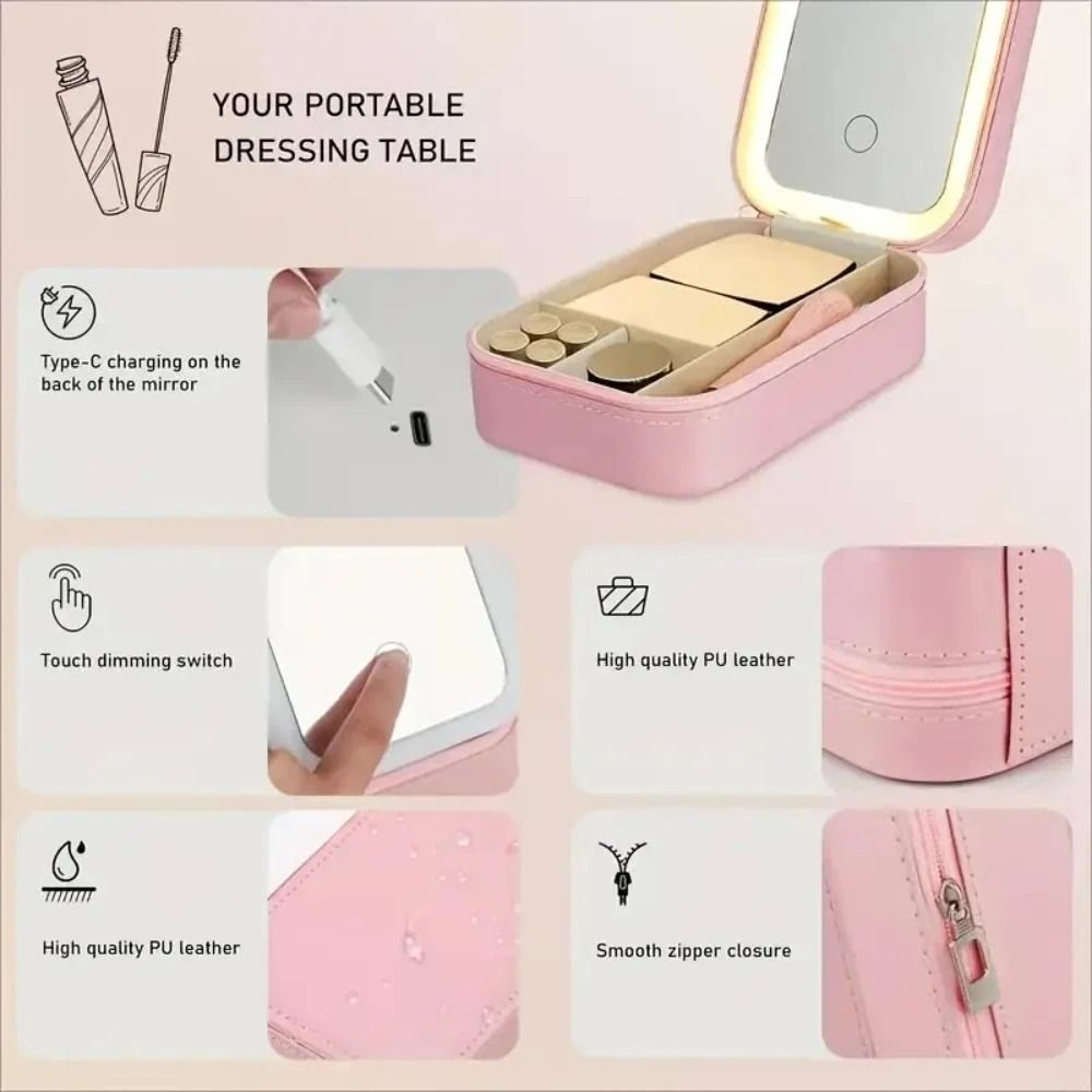 Rechargeable LED Makeup Mirror Portable Pink Travel Vanity Mirror 8