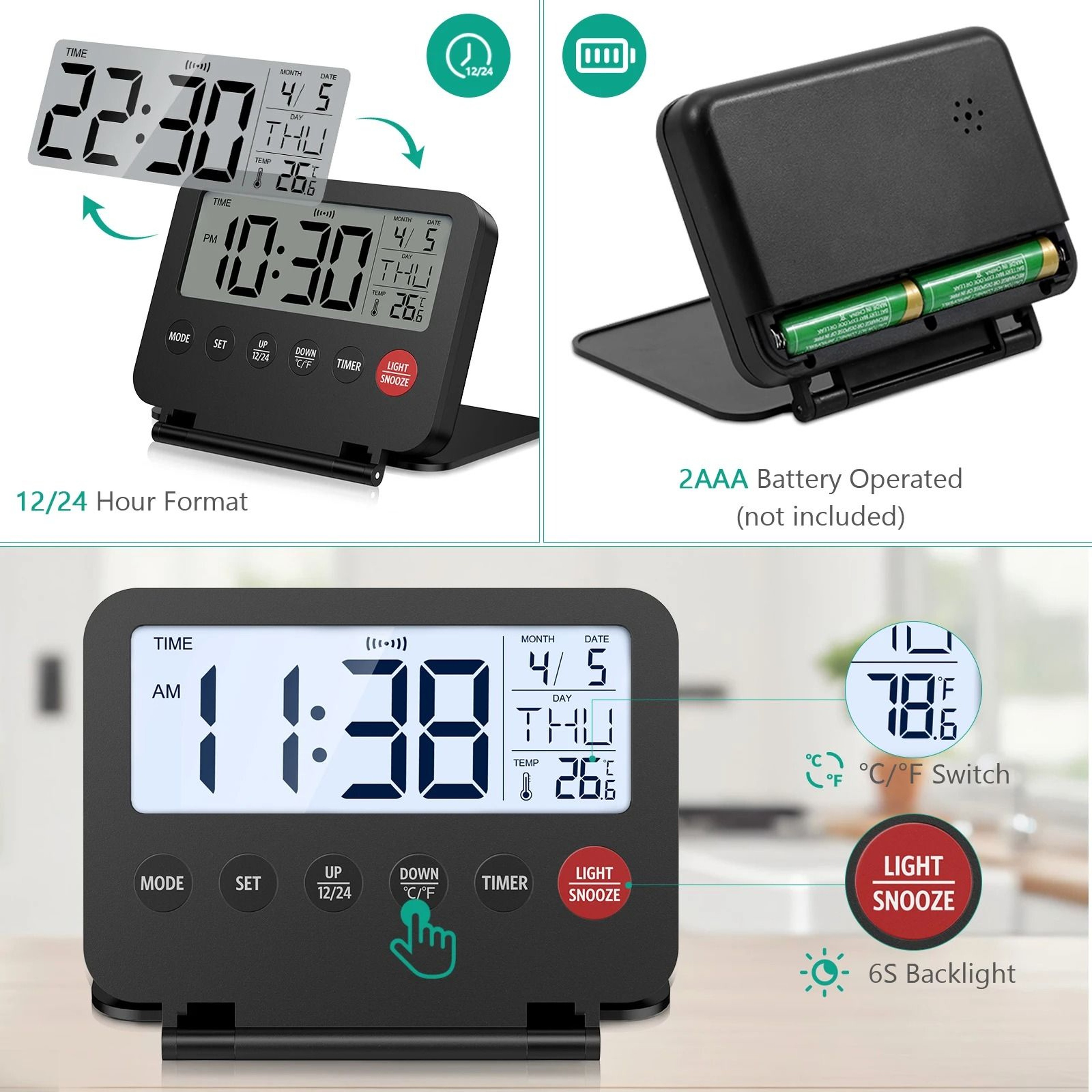 ORIA Foldable Digital Travel Alarm Clock With Backlight Date And Temperature 1