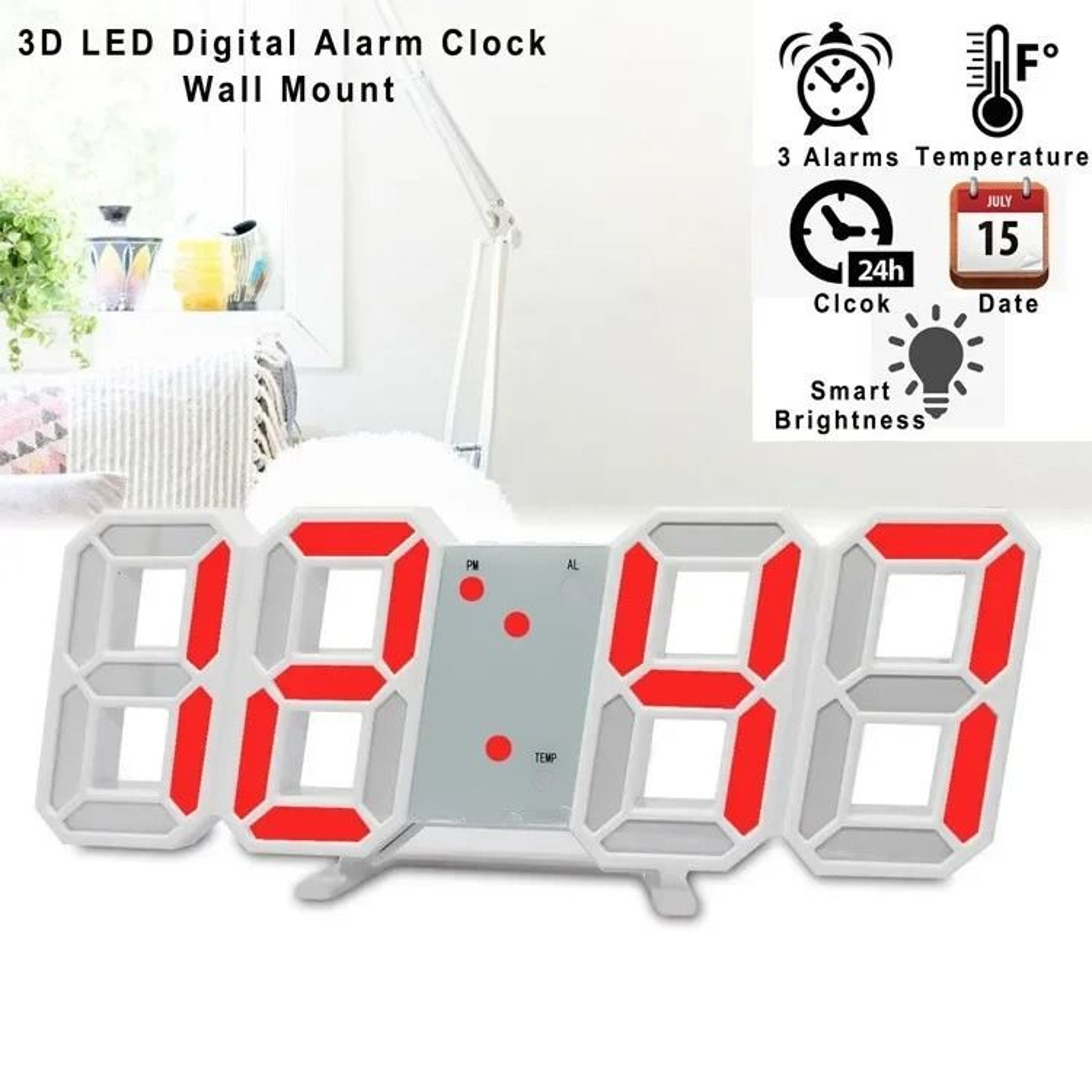 Modern LED Digital Wall And Desk Alarm Clock With Temperature Display 7
