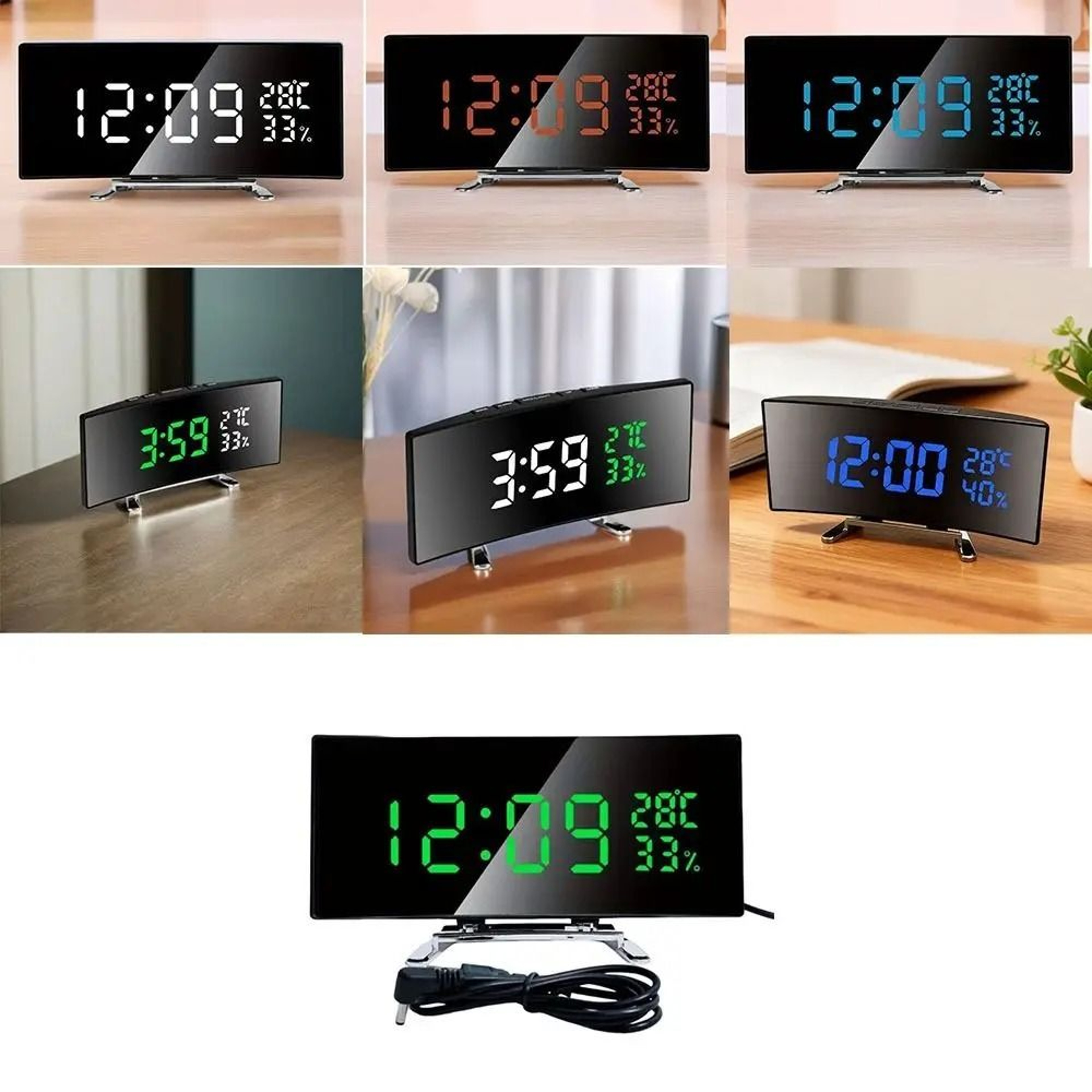 Curved LED Digital Alarm Clock With Temperature Humidity And Adjustable Brightness 0