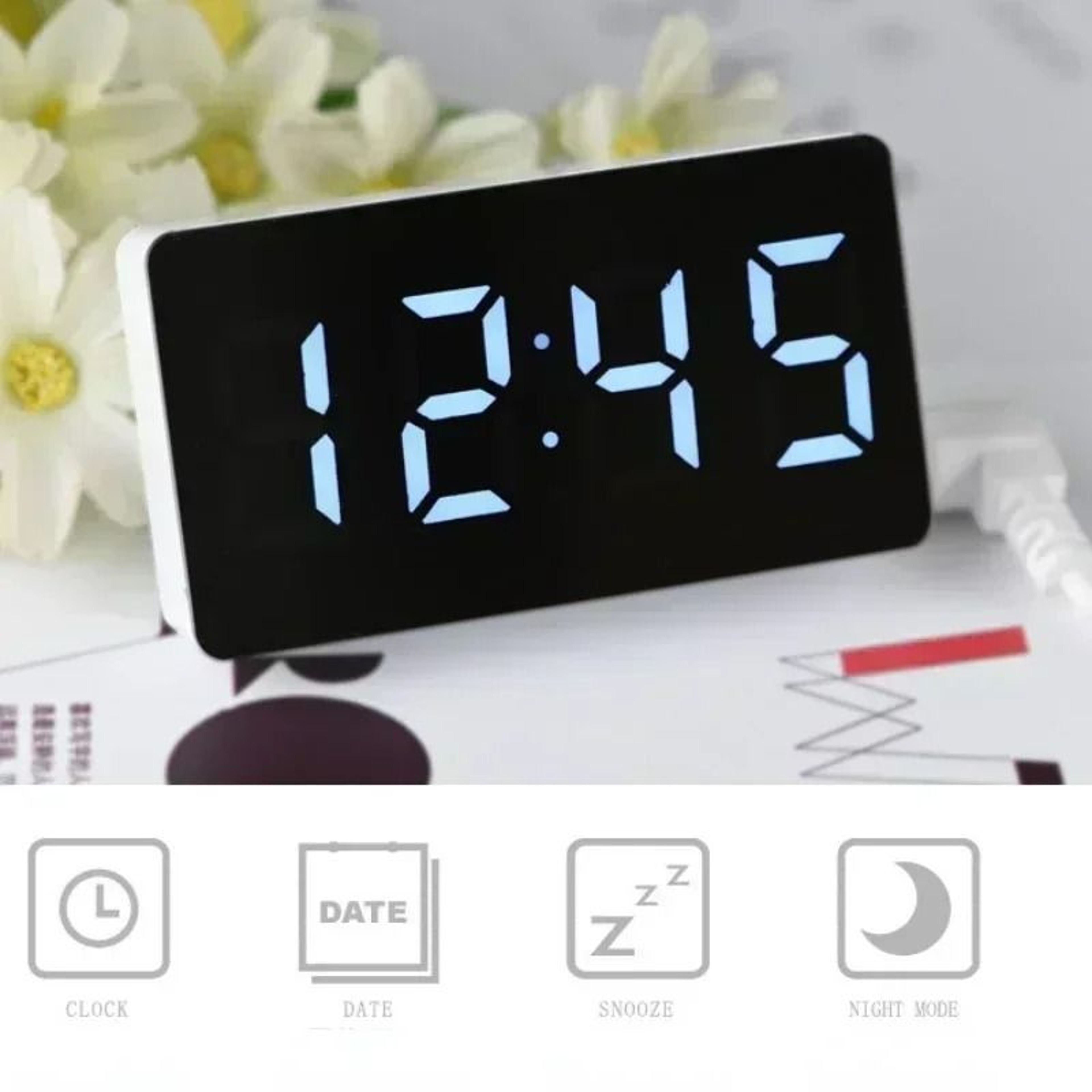 LED Mirror Alarm Clock With Night Light And Snooze 8
