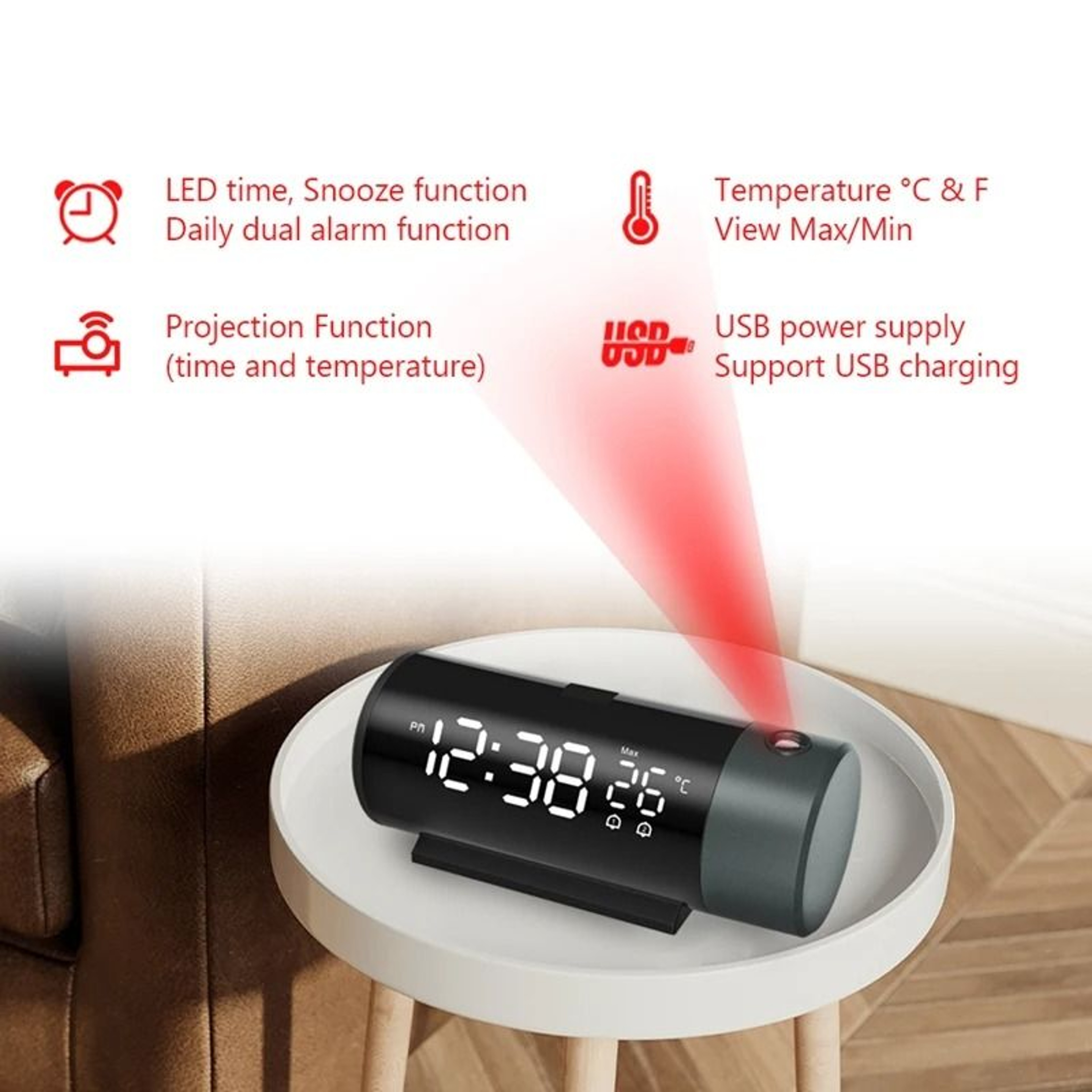 LED Projection Alarm Clock With Dual Alarms And USB Phone Charging 3