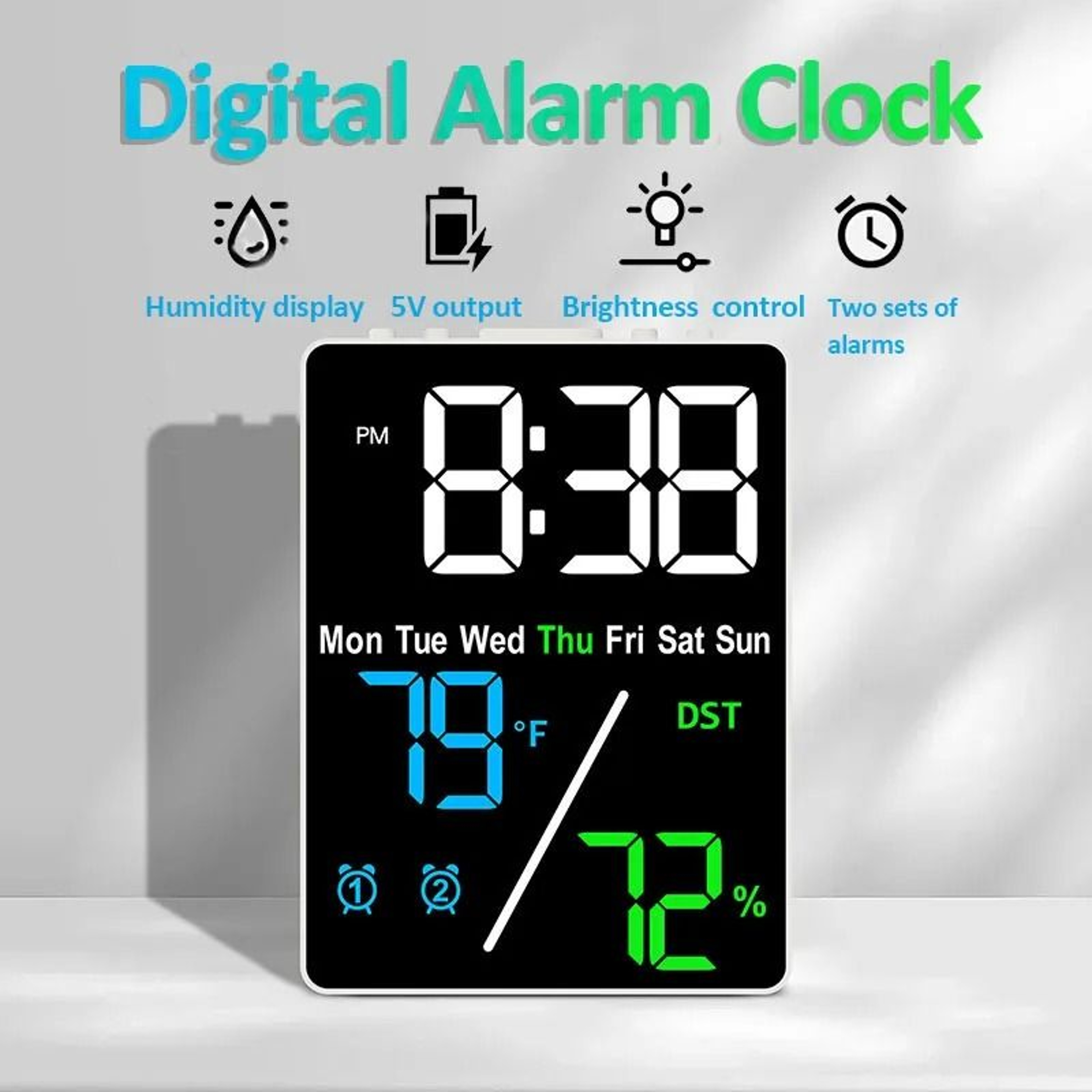 Smart Large Screen Digital Alarm Clock With Humidity Display And USB Charging 0